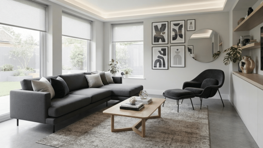 19 DrHomey Interior Design Tips for a Better Home modern living room with gray sectional sofa black lounge chair wooden coffee table large windows and minimalist wall decor
