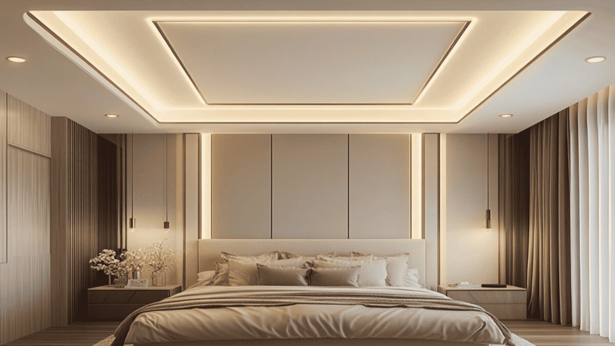 modern minimalist tray ceiling with warm recessed lighting above a cozy bedroom featuring clean lines and soft neutral tones