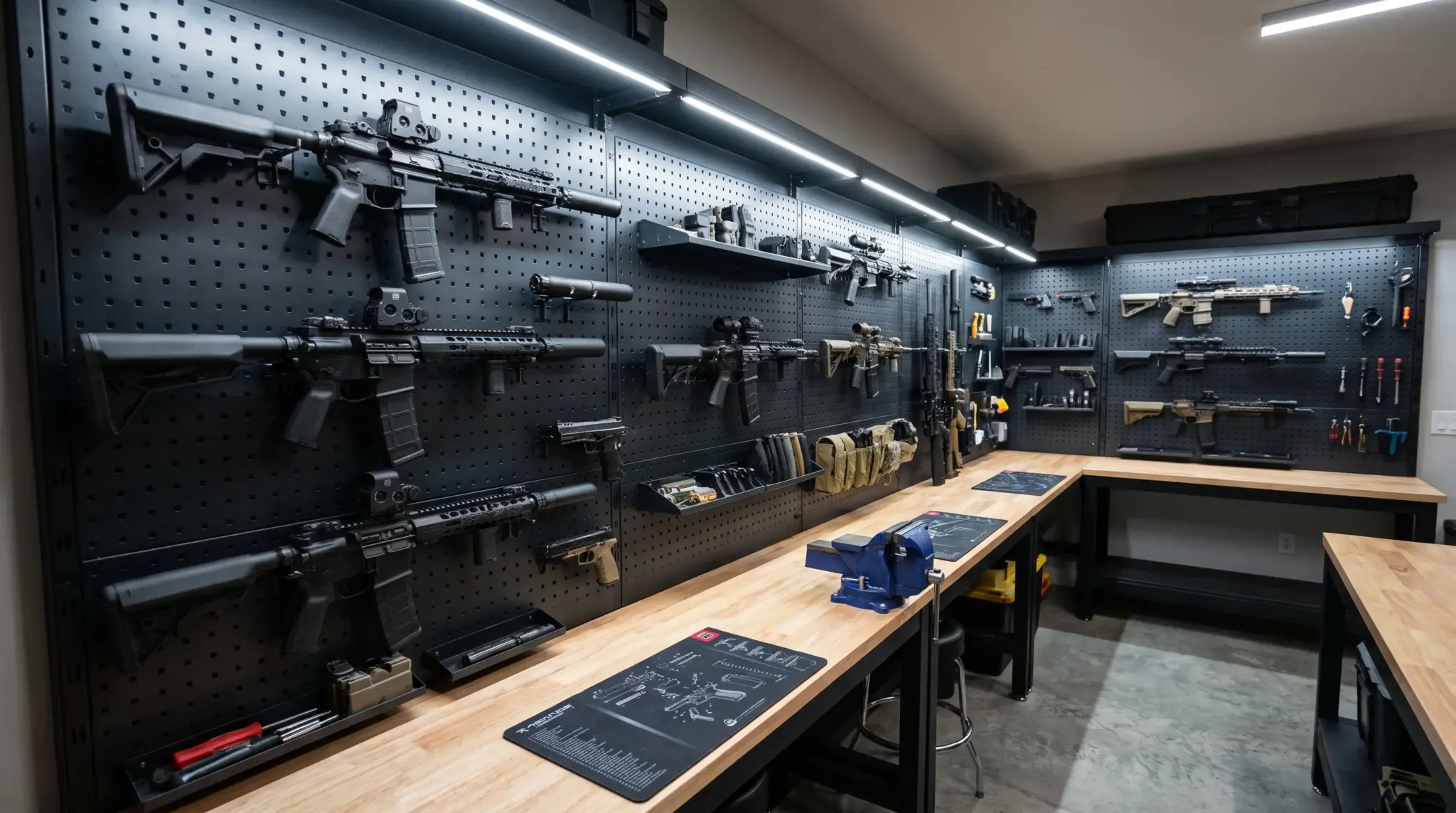 Modular pegboard wall storing firearms and accessories in an organized workshop-style gun room.