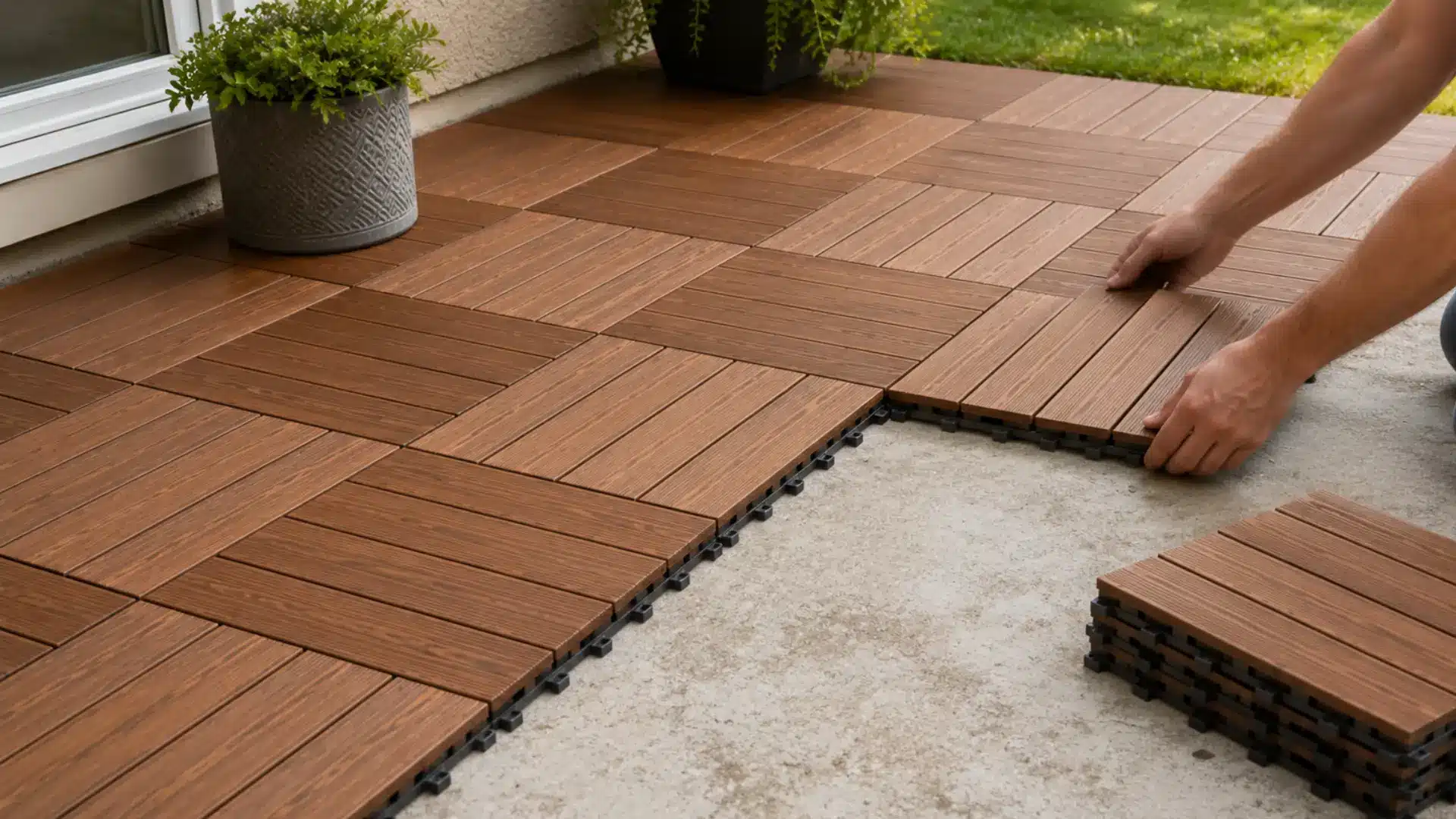 Modular snap-together deck tiles being installed over an existing concrete slab in a backyard
