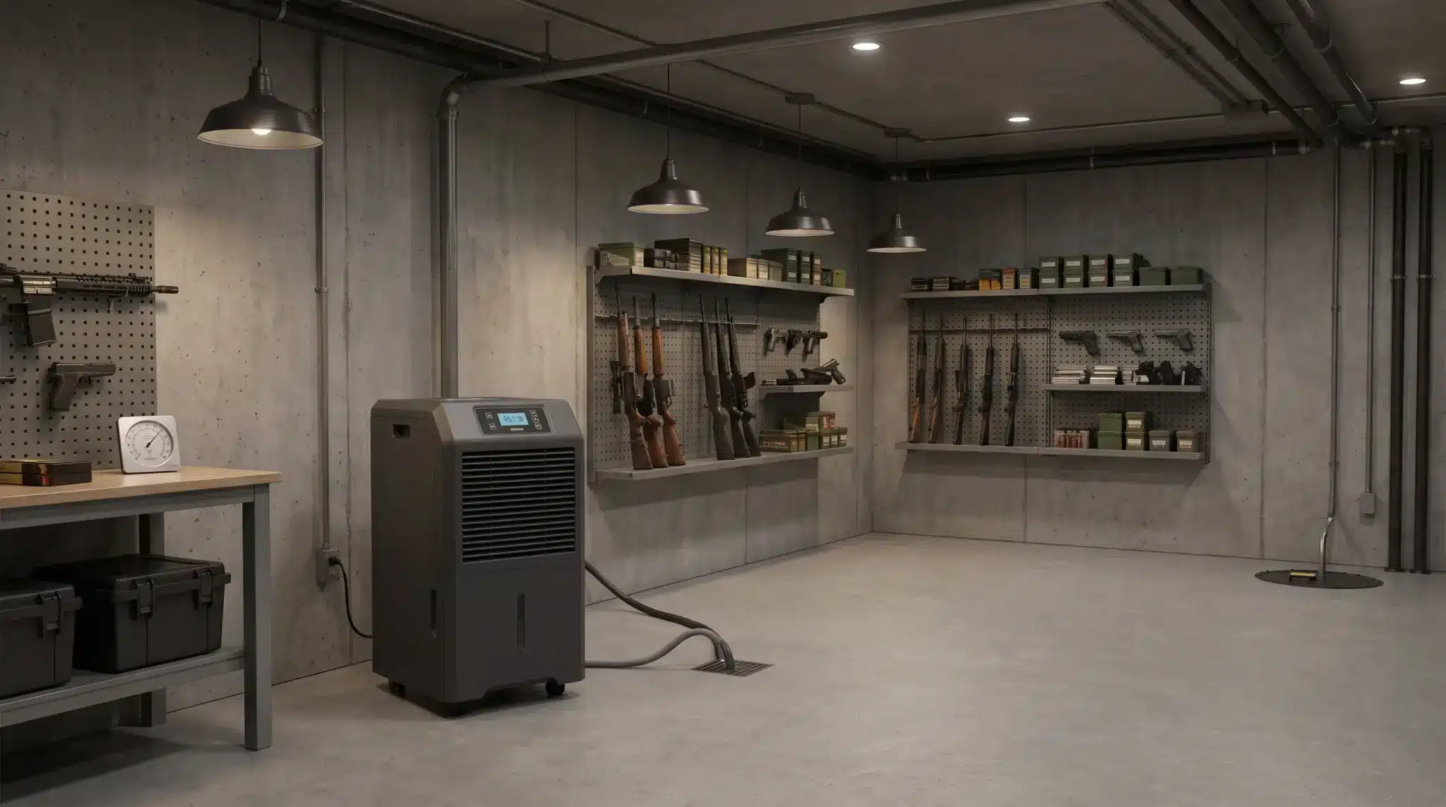 Basement gun room with dehumidifier and organized storage for moisture-controlled firearm protection.