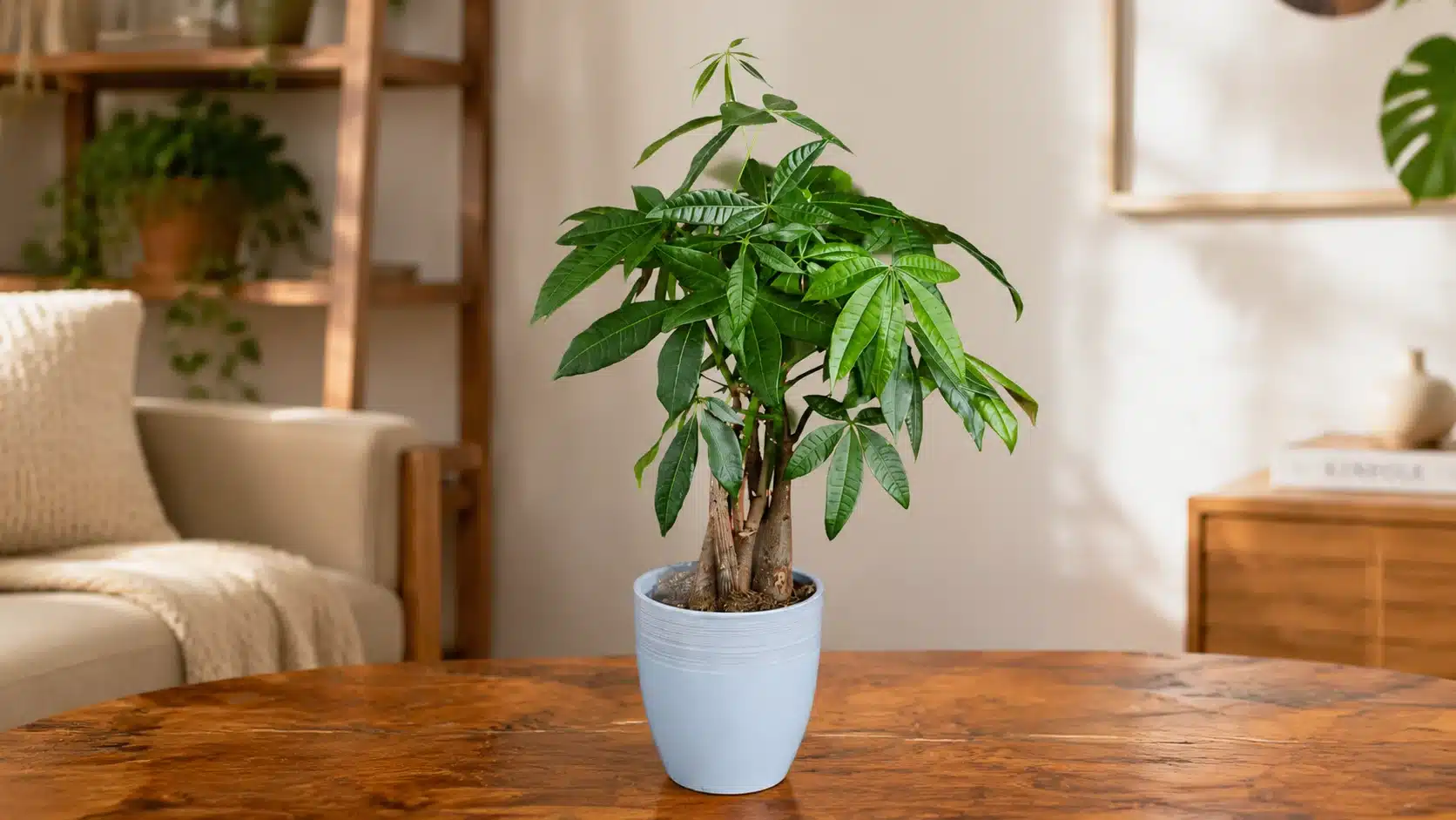 Money tree with braided trunk and bright green leaves in a white pot