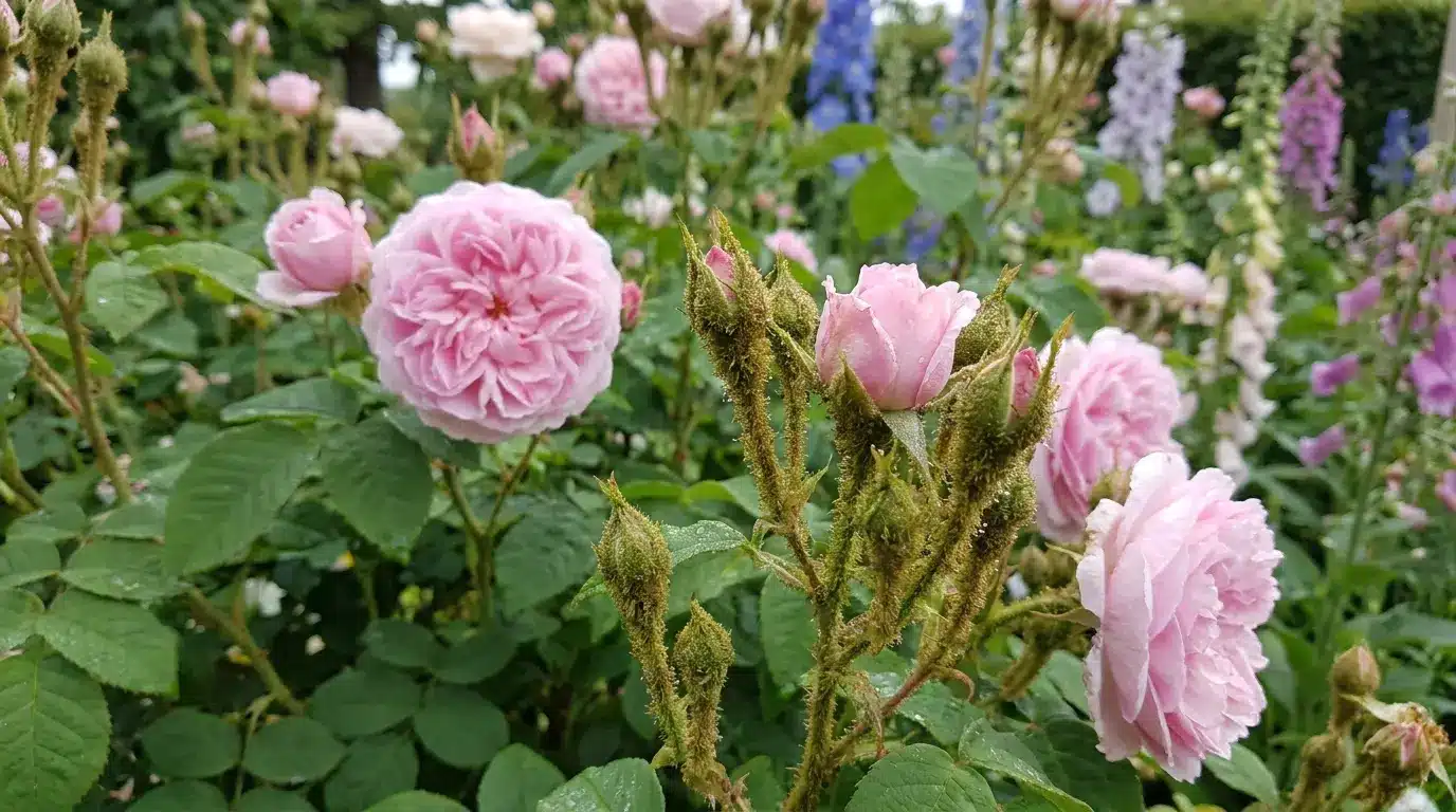 pink Moss roses with full blooms and moss-covered buds growing in a traditional garden
