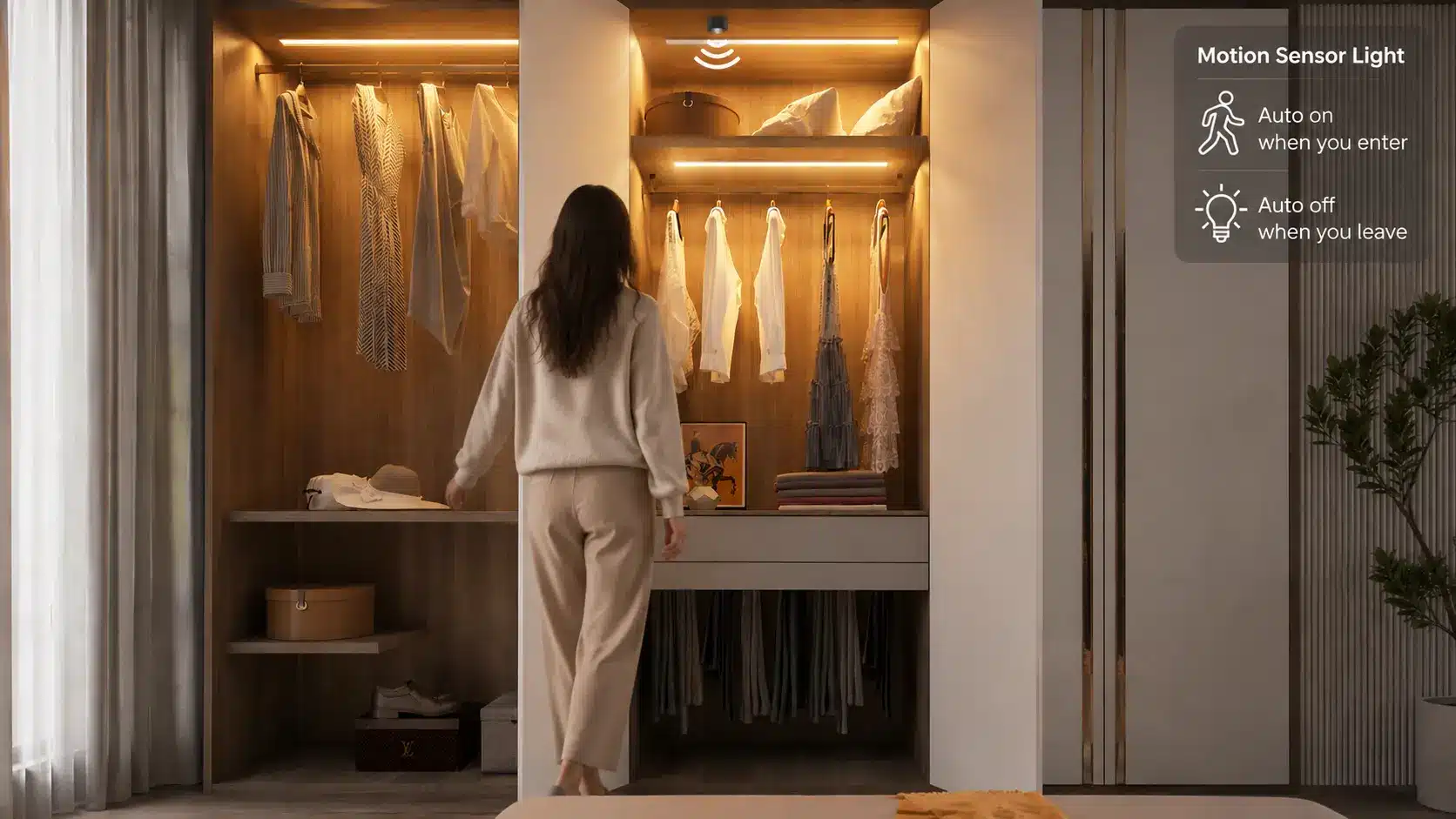 Modern walk-in closet with motion sensor LED lights activating as a person walks in, illuminating warm wood shelving and neatly organized clothing.