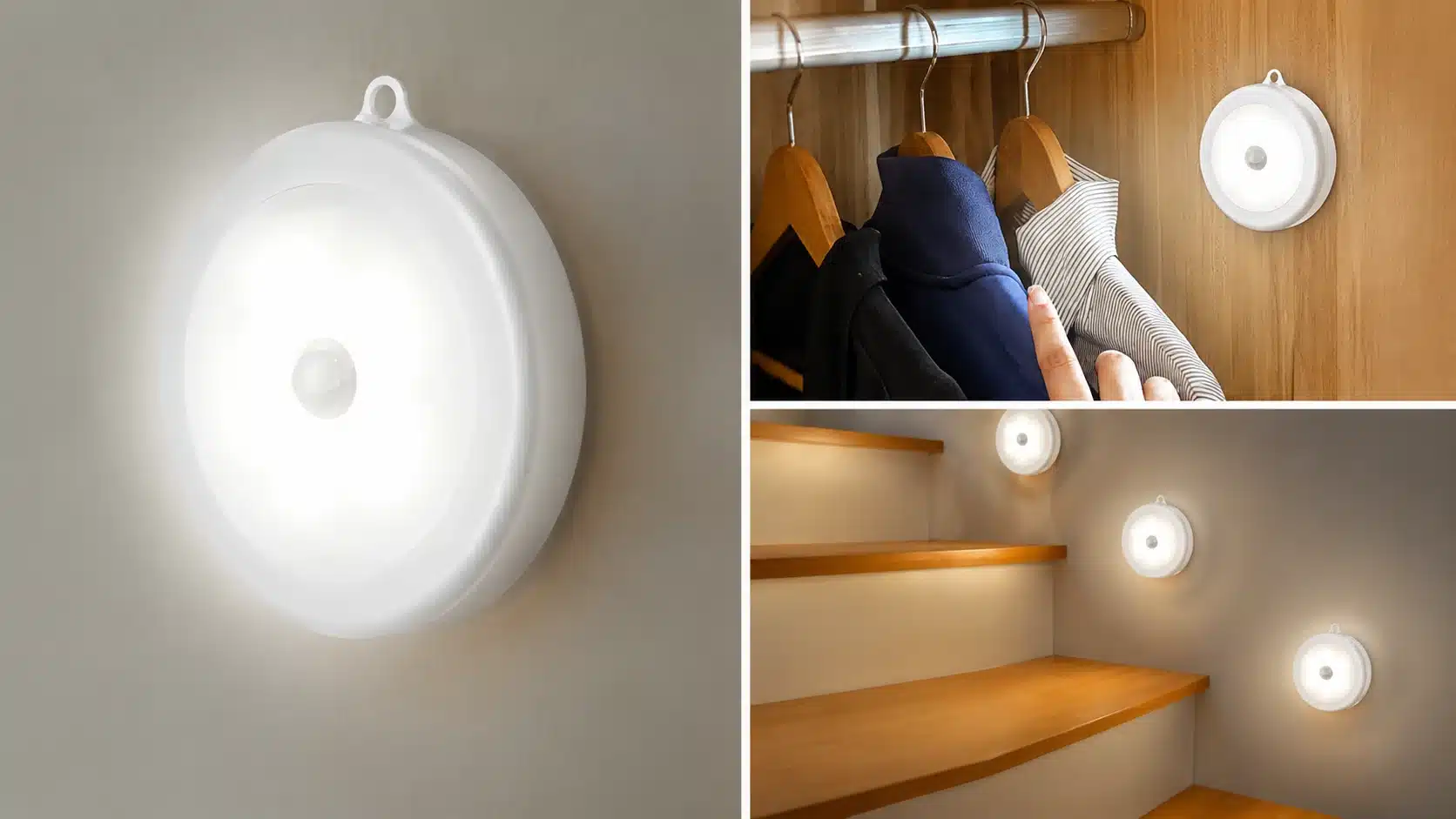 Round motion sensor LED puck lights installed in a closet and shelving area, showing soft ambient illumination.