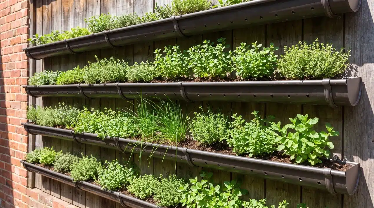 Horizontal gutter planters mounted on a wall with shallow-rooted herbs growing in spaced rows