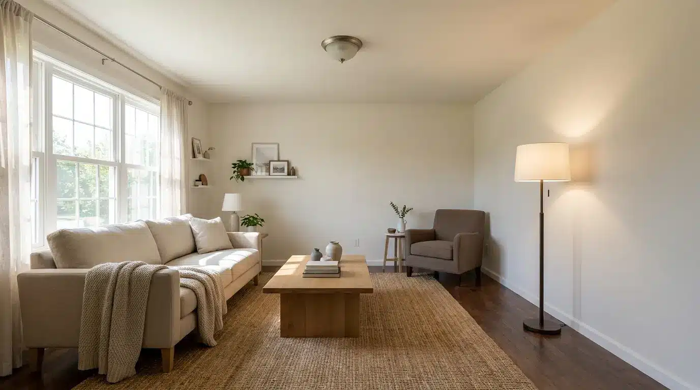 floor lamp placed in a dark living room corner adds warm light and creates a more balanced, inviting space