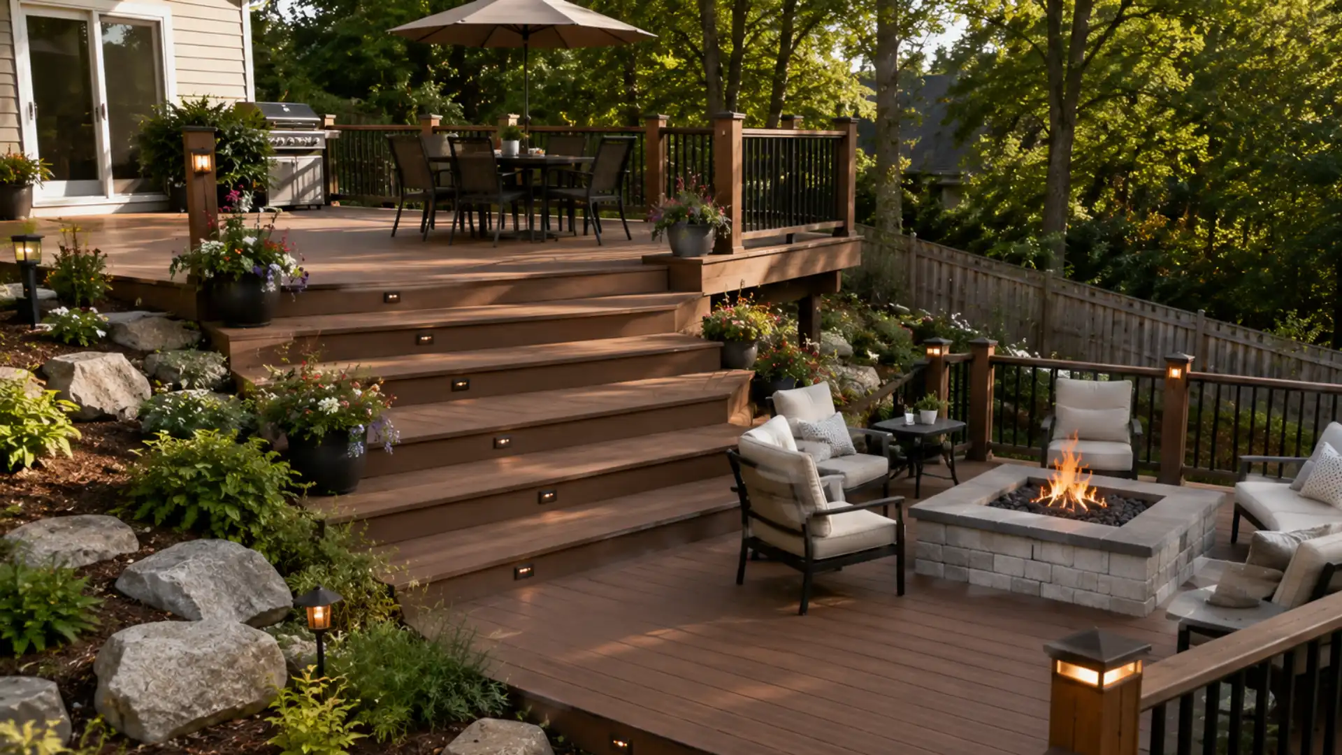 Multi-level deck built into a sloped backyard yard, connecting an upper dining area to a lower fire pit zone