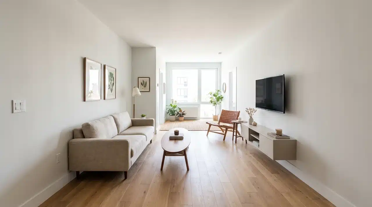 Long-Wall Layout With a Clear End-to-End Walkway with slim furniture and open walking paths for better space use.