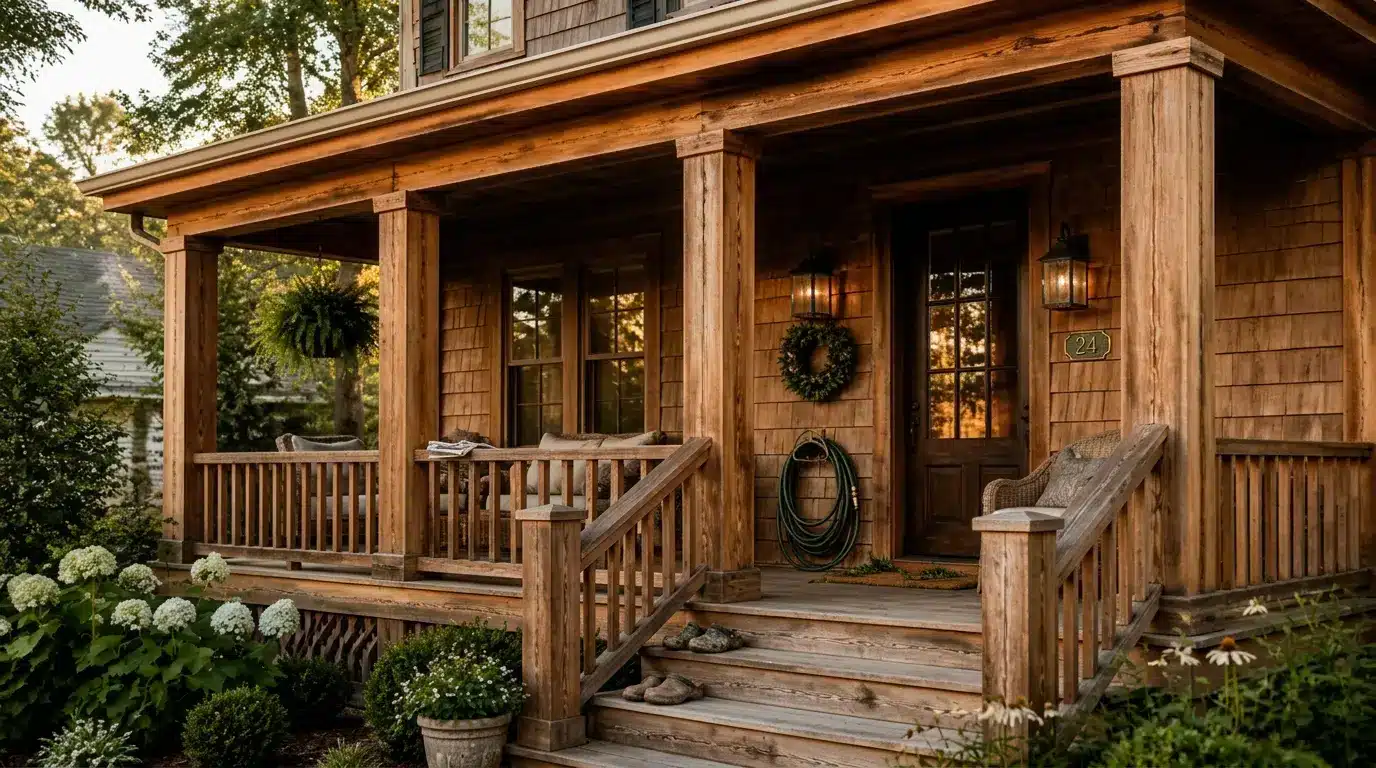 natural cedar porch with warm wood tones, durable outdoor flooring, and a timeless design that complements a home exterior