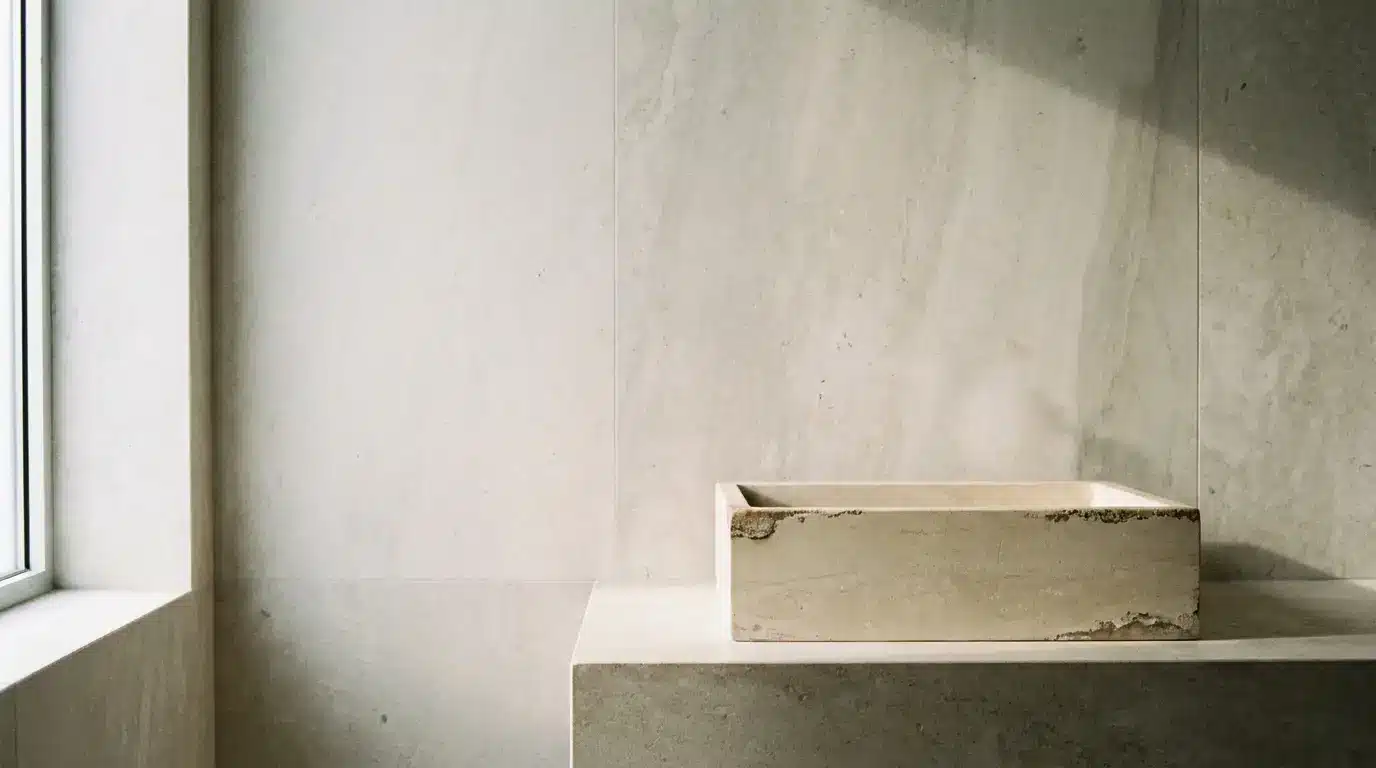 Stone sink on marble countertop in minimalist bathroom with soft natural light