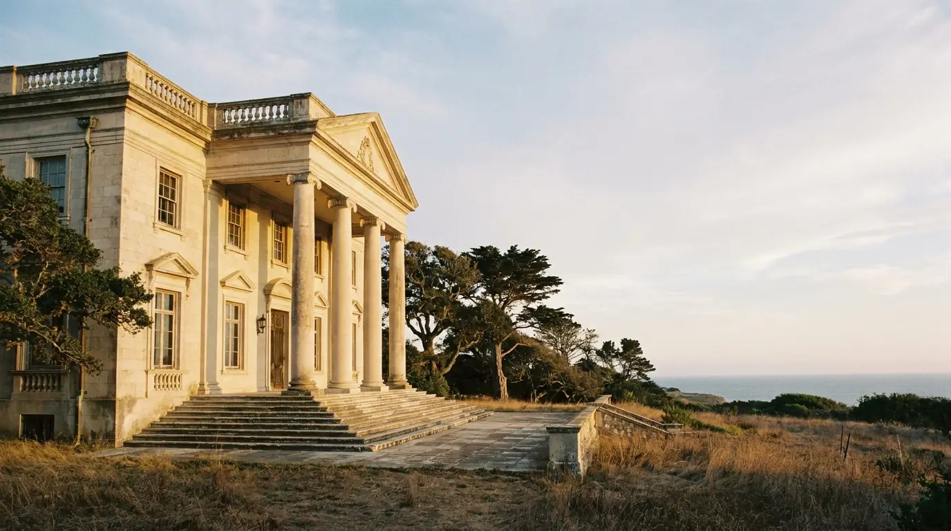 Historic neoclassical mansion with grand columns overlooking ocean and fields at sunset