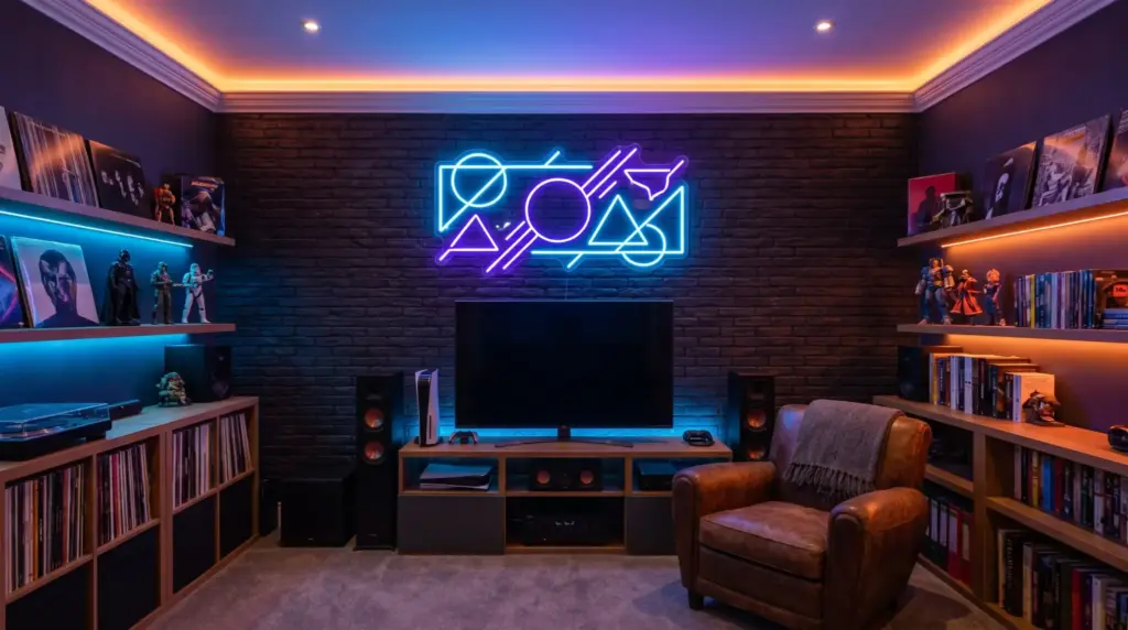 Neon LED sign adding personality and ambient lighting to a stylish man cave.