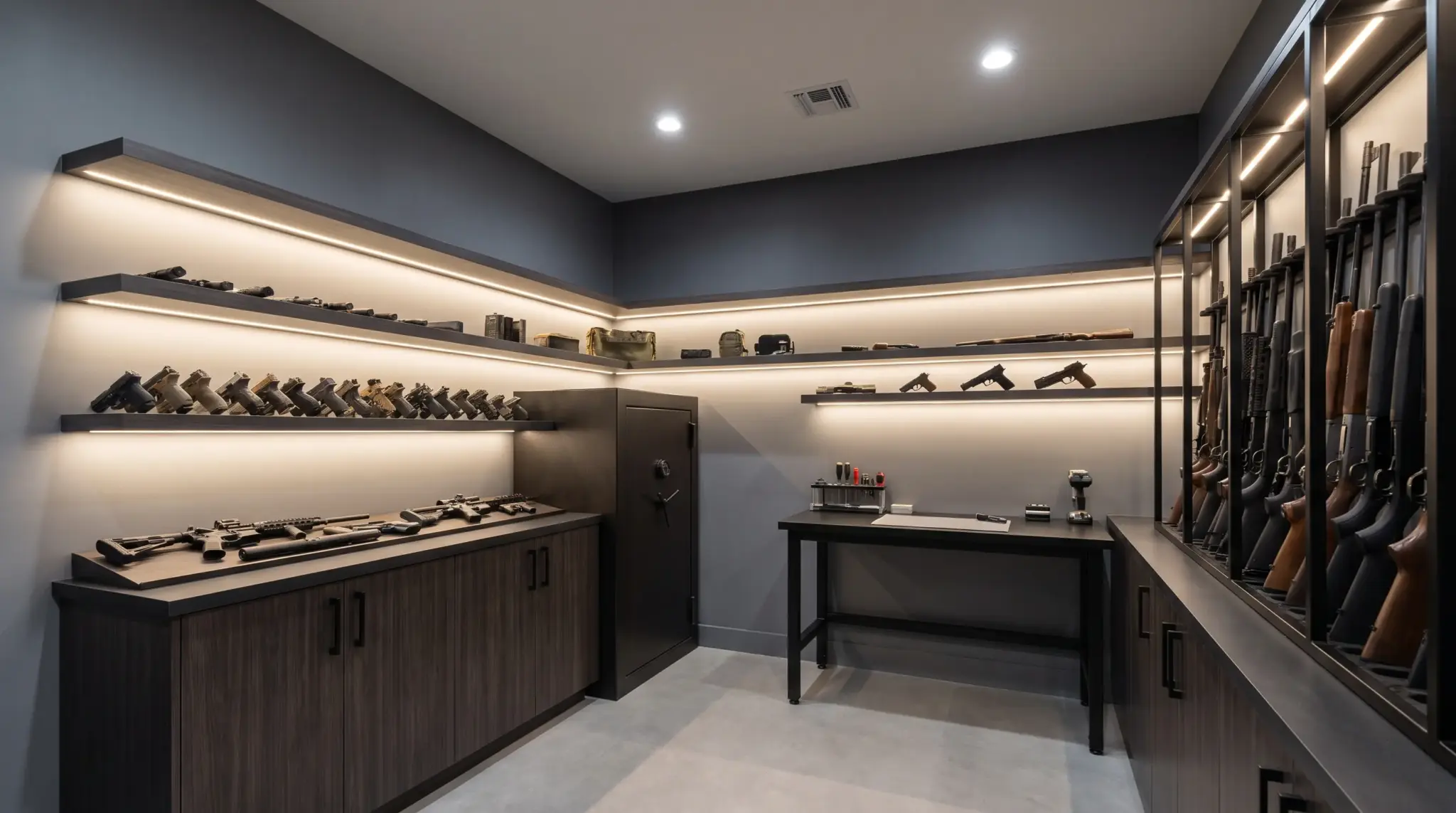 Modern gun room with neutral colors and LED accent lighting highlighting organized storage.