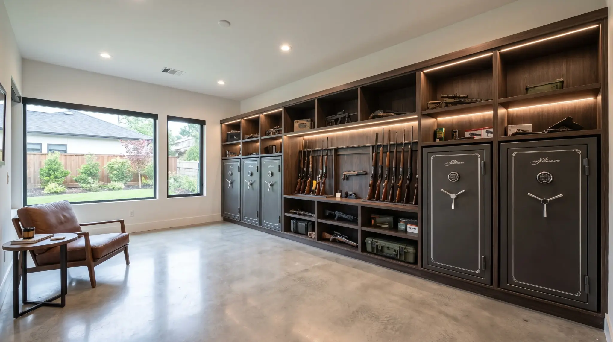 Gun room with all firearms, shelves, and safes organized along one wall for easy access.