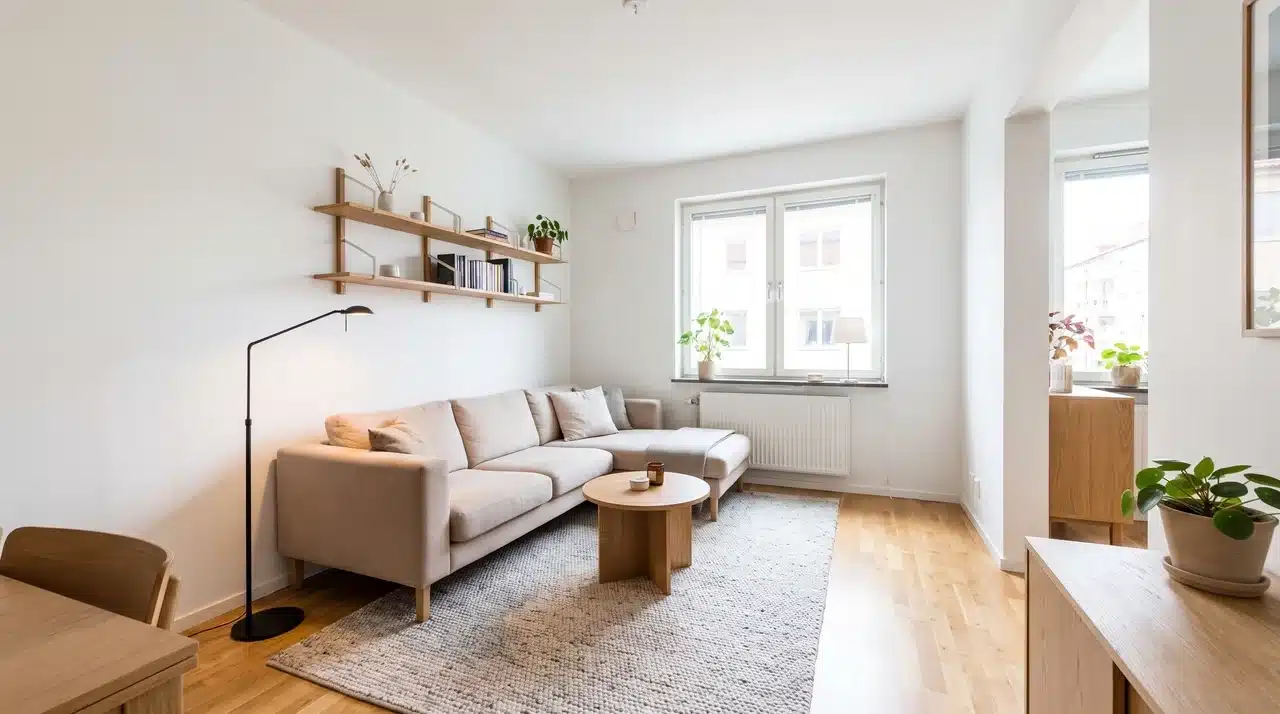 Open corner small living room layout using corner space while keeping the room open and functional.