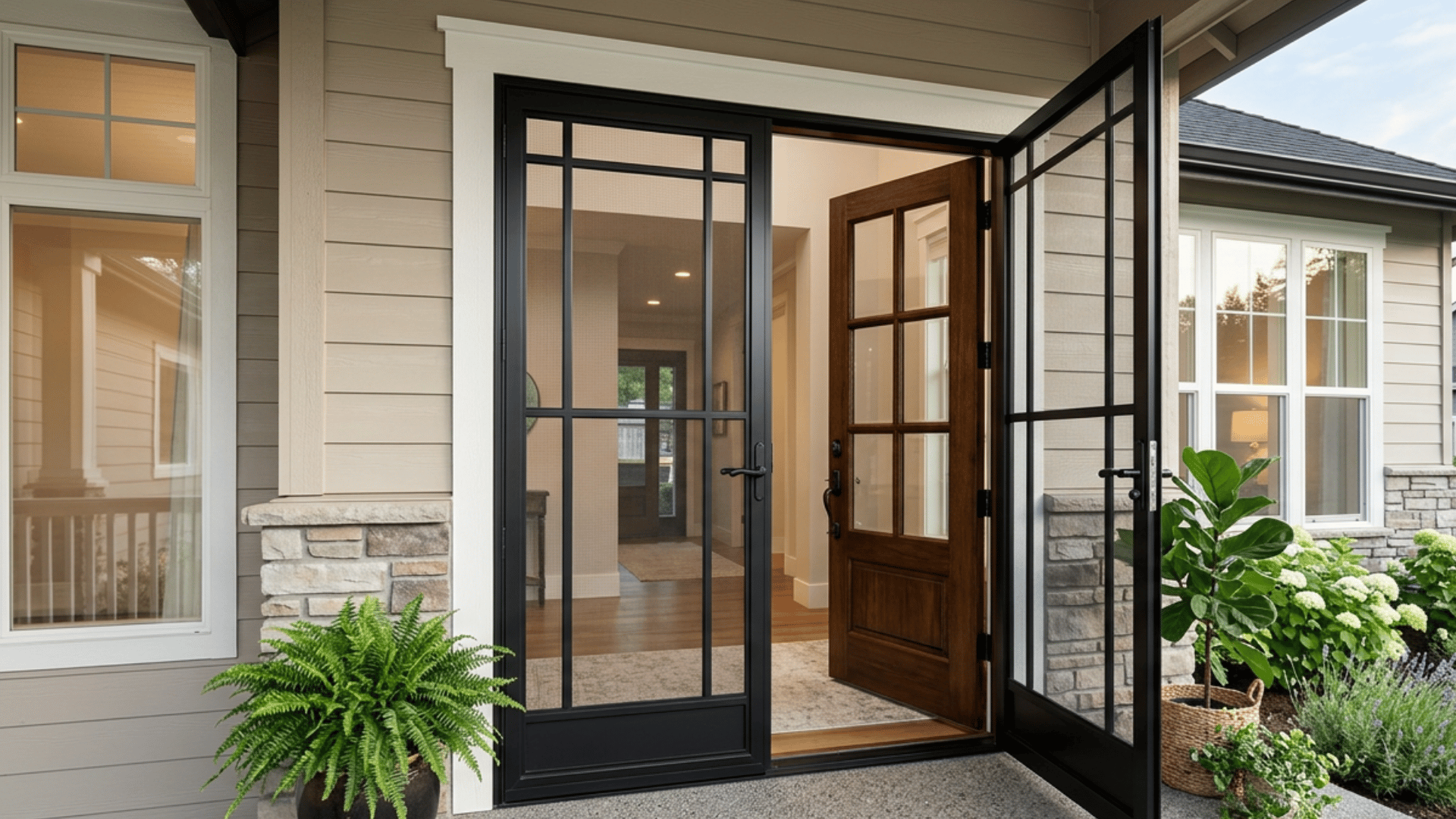 open front entry with black metal security screen door and wooden front door beside green potted plants