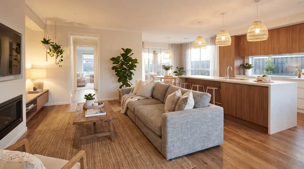 Open kitchen living room with sofa divider, connected zones, and modern functional layout.