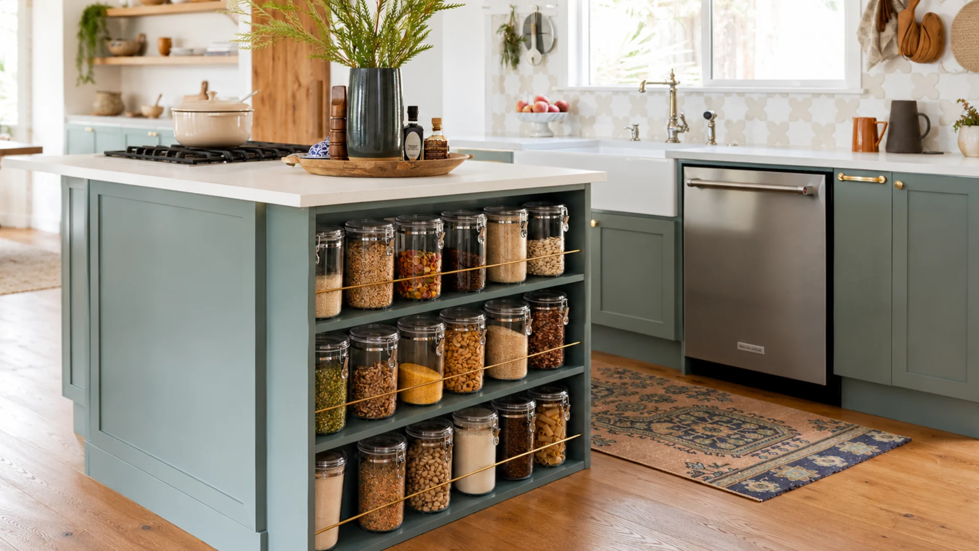 Muted green kitchen island with open shelves of pantry jars, white counters, brass rails, and warm wood flooring.