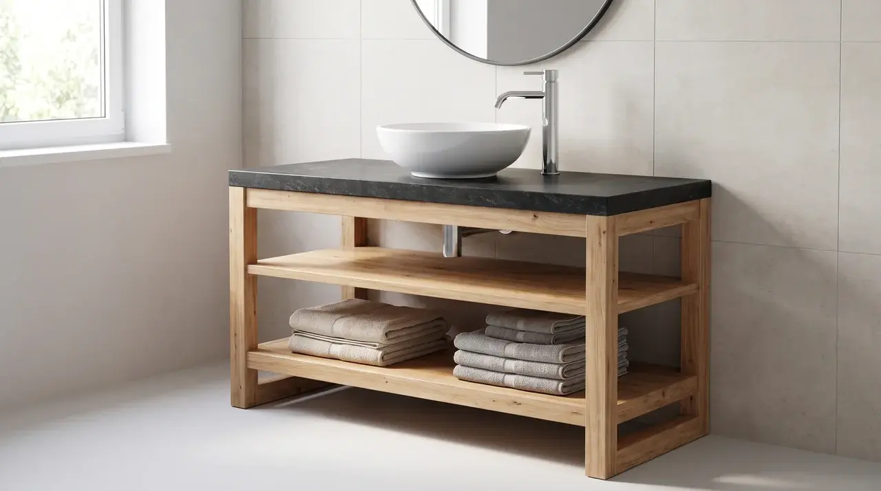 Open wood stand with shelves underneath and a vessel sink on top