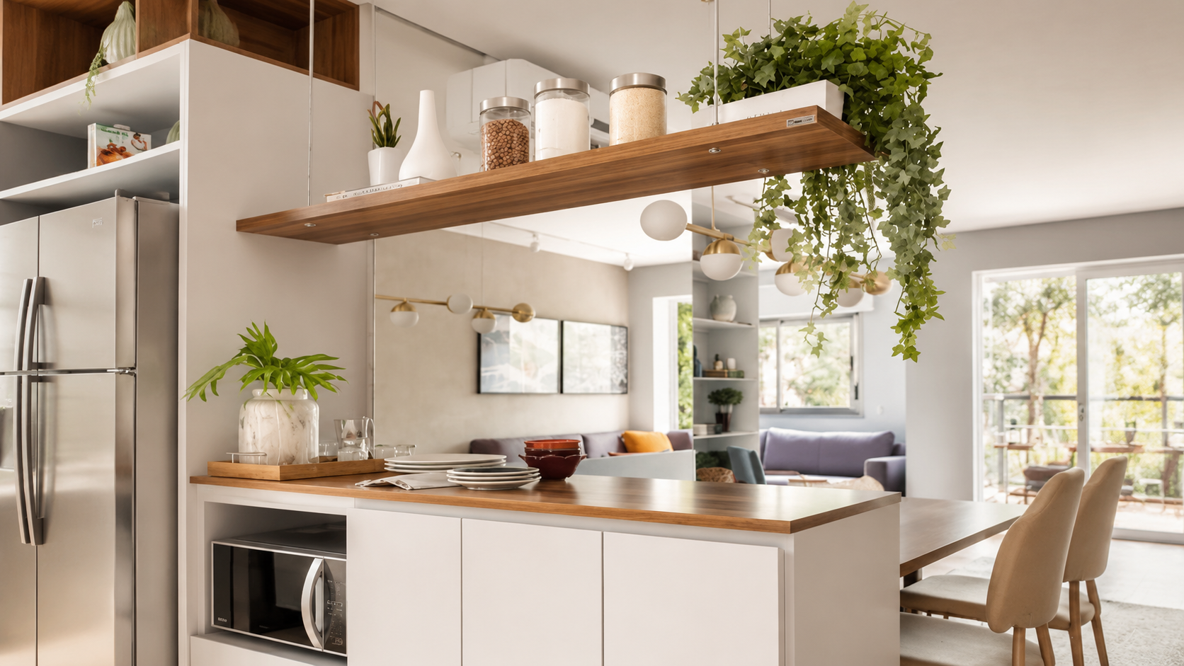 Open wooden shelving above a kitchen island with plants and decor in a bright modern kitchen.
