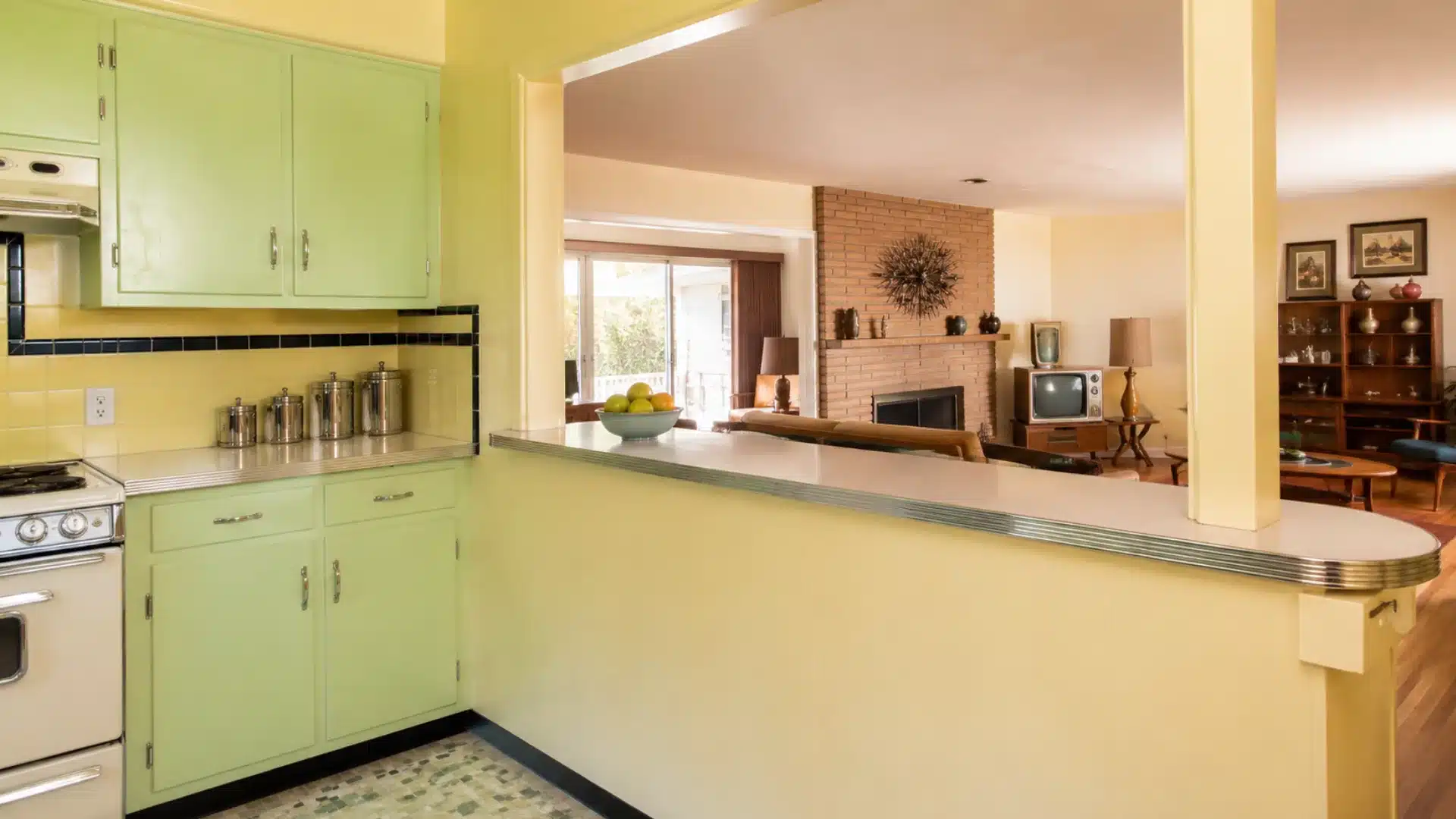 Open pass through between a 1950s kitchen and living room