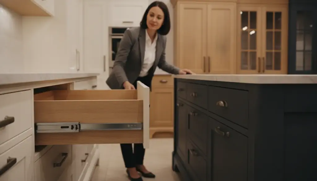 Woman in a modern kitchen opening a wooden drawer, surrounded by cabinets and countertops