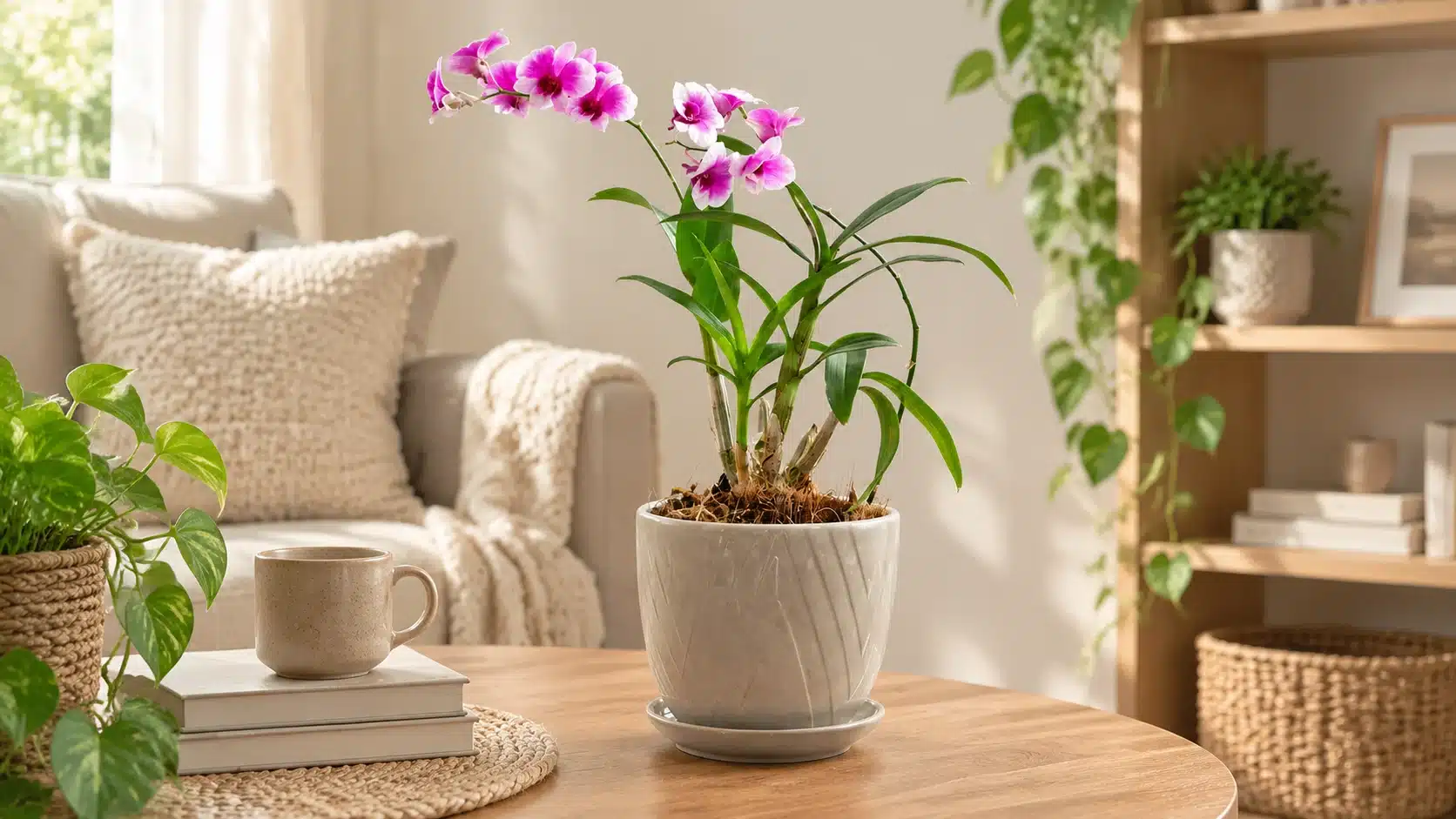 Pink and white orchid blooms with green leaves in a textured pot