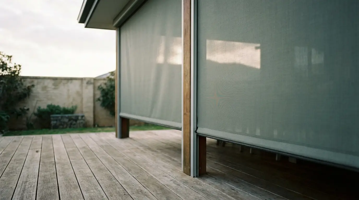 Outdoor patio with wooden deck and large beige sunshades under soft daylight