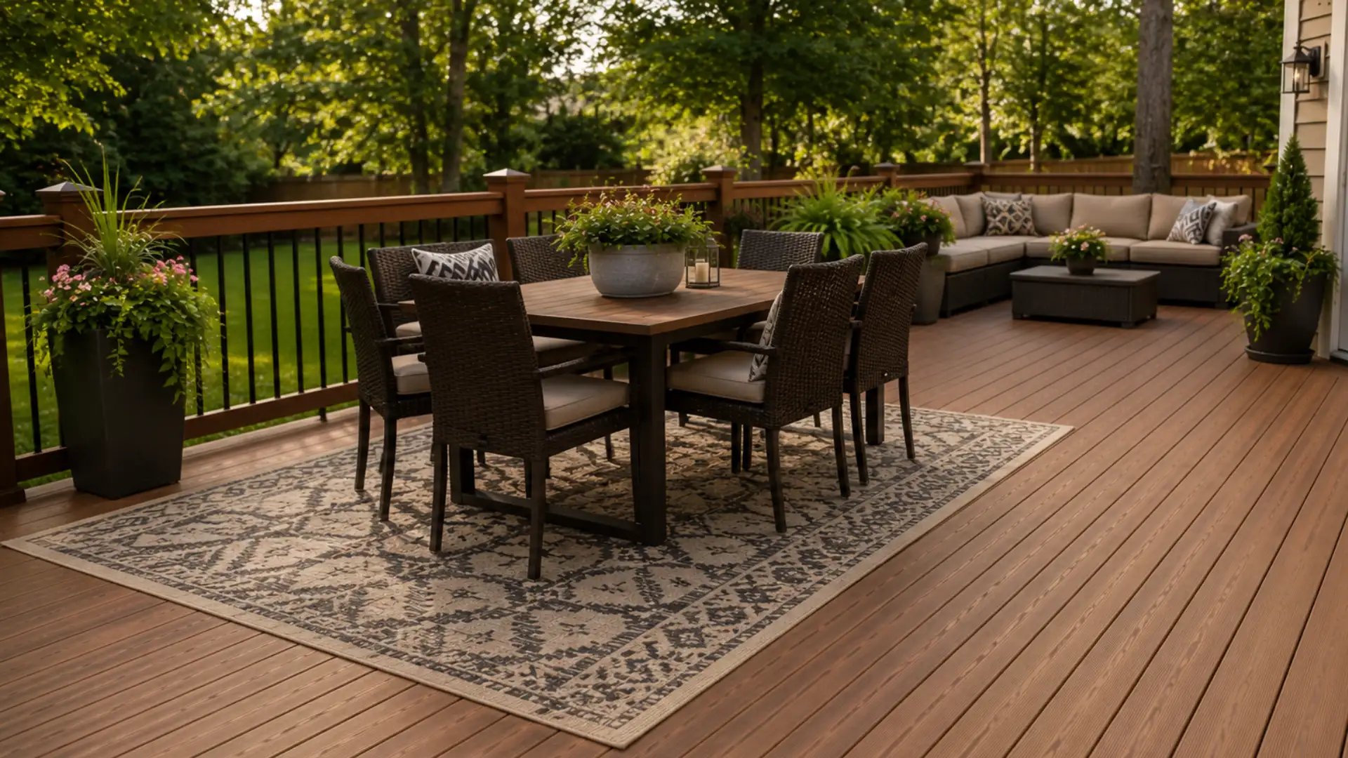 Backyard deck with an outdoor rug zoning a dining area on one side of the decking