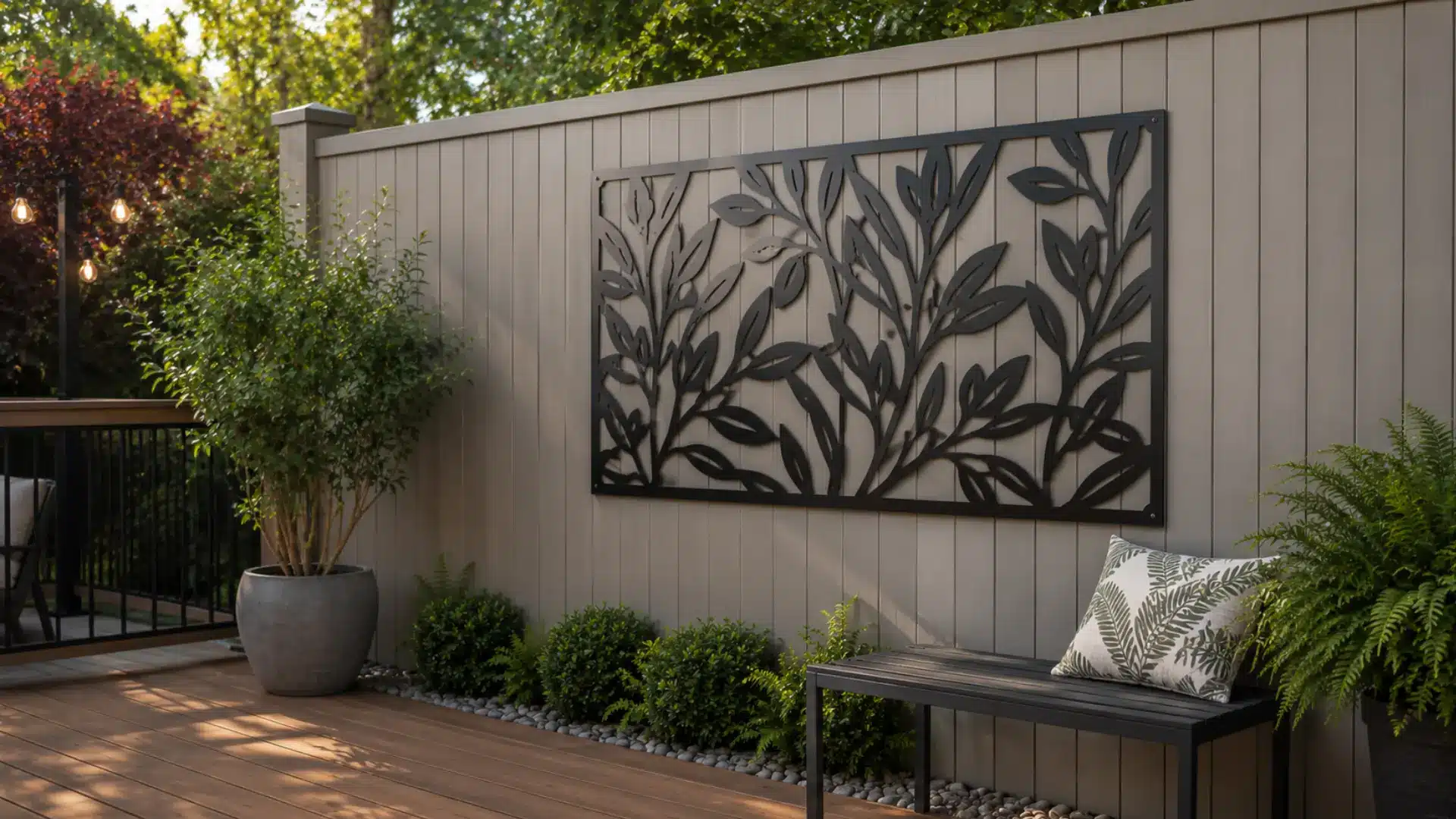 Weatherproof metal wall art panel mounted beside a backyard deck