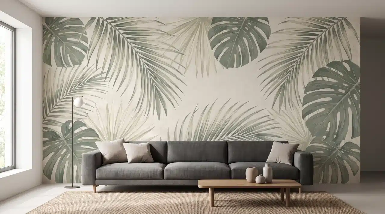 Living room with a full-wall oversized botanical print behind a sofa on a feature wall