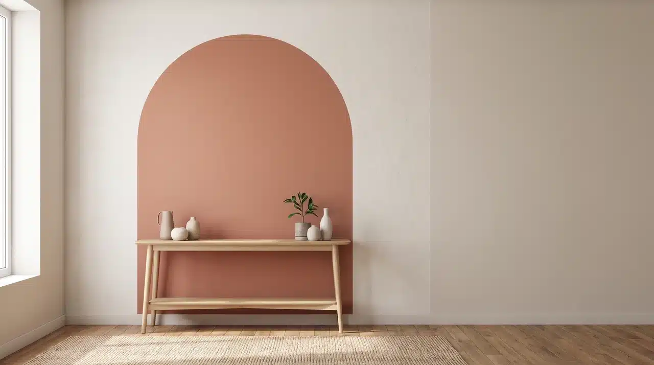 Feature wall with a large painted arch framing a console table against a neutral wall
