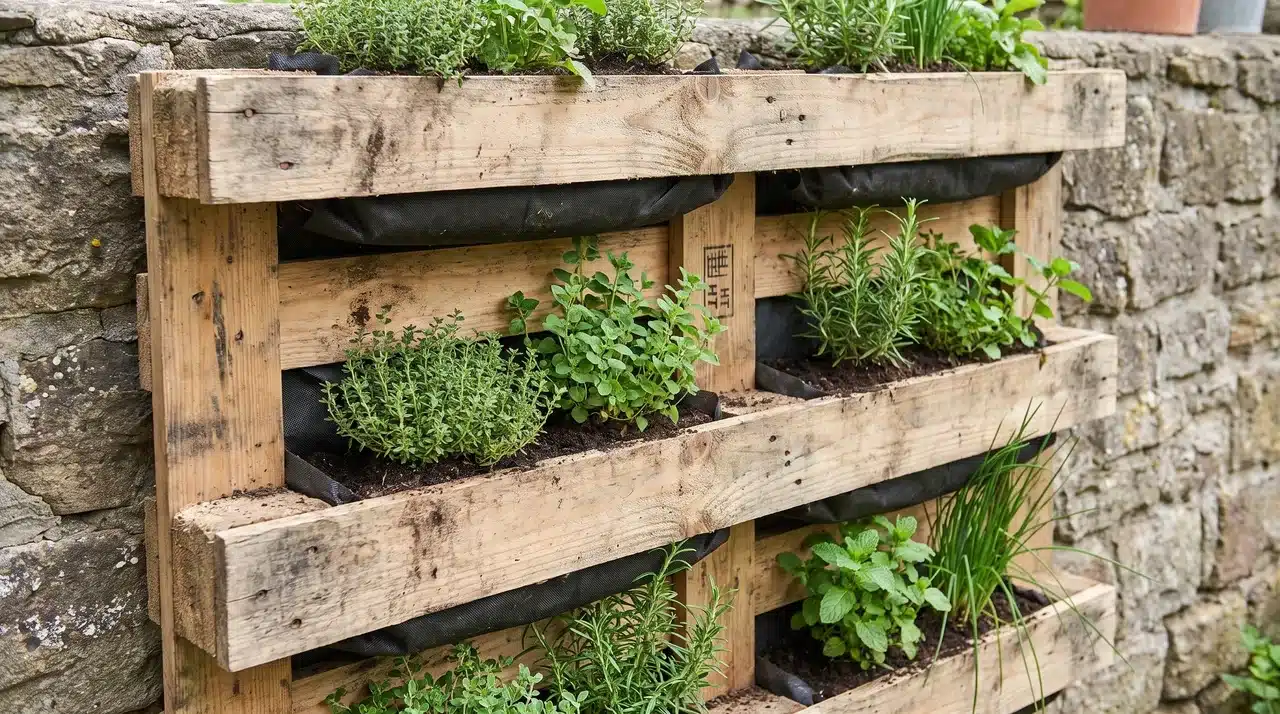 Heat-treated pallet herb garden with landscape fabric-lined pockets and shallow-rooted herbs growing between slats