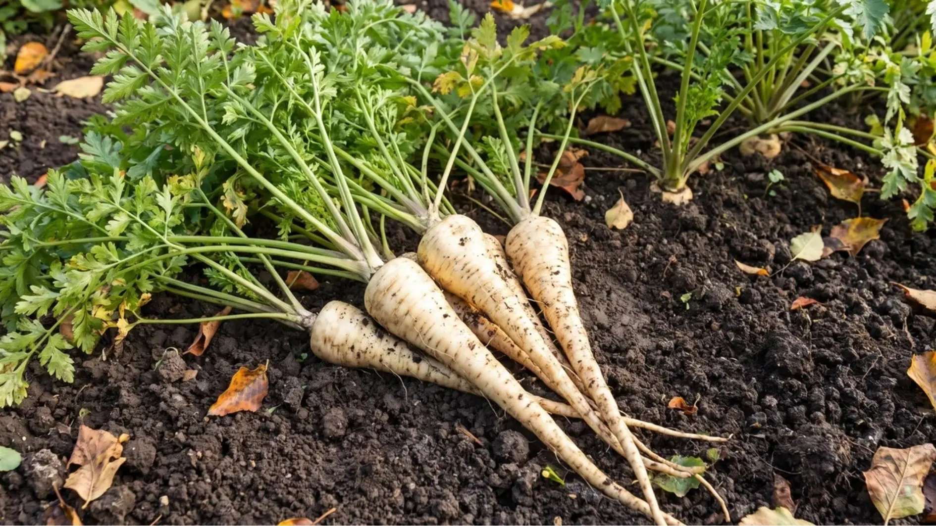 Parsnip roots growing in fall garden soil