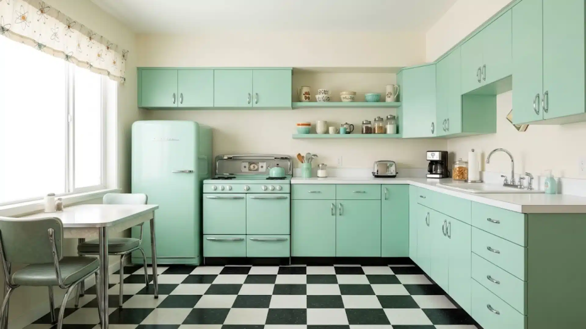 Mint green atomic-color cabinetry in a 1950s mid-century modern kitchen