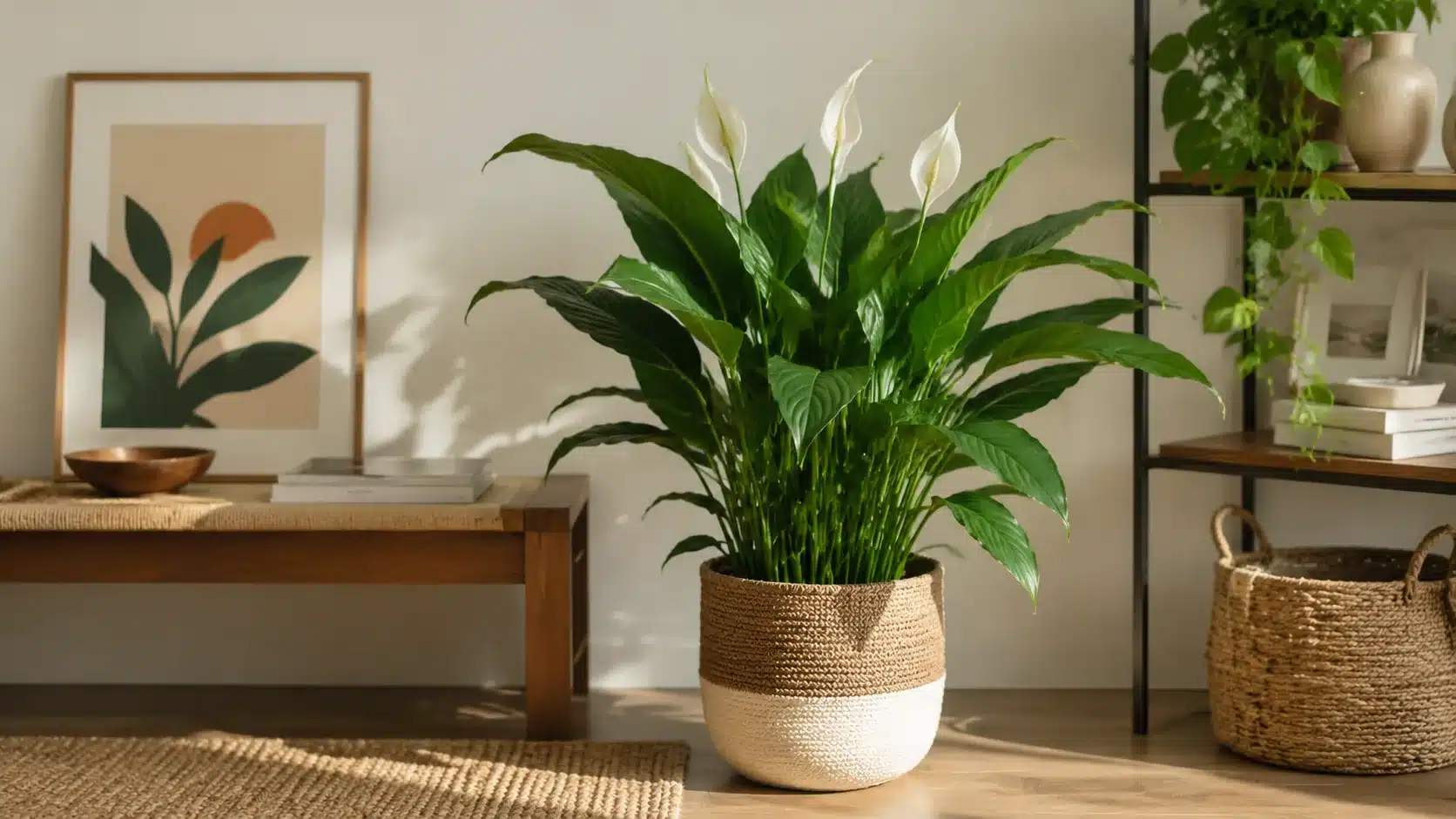 Peace lily with glossy leaves and white flower spathes in a living room