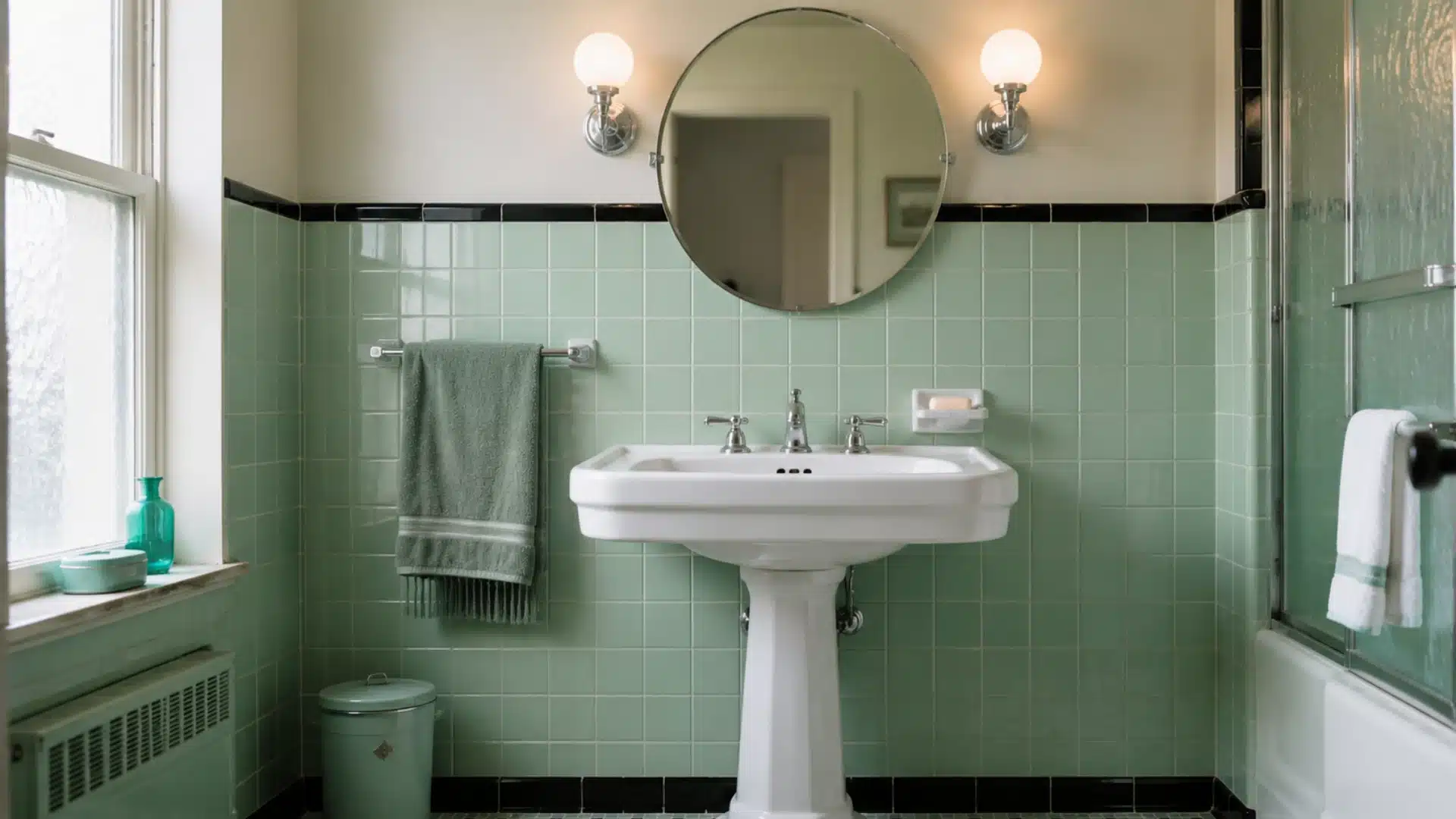 Mid century modern house interior bathroom featuring a pedestal sink and globe wall sconces