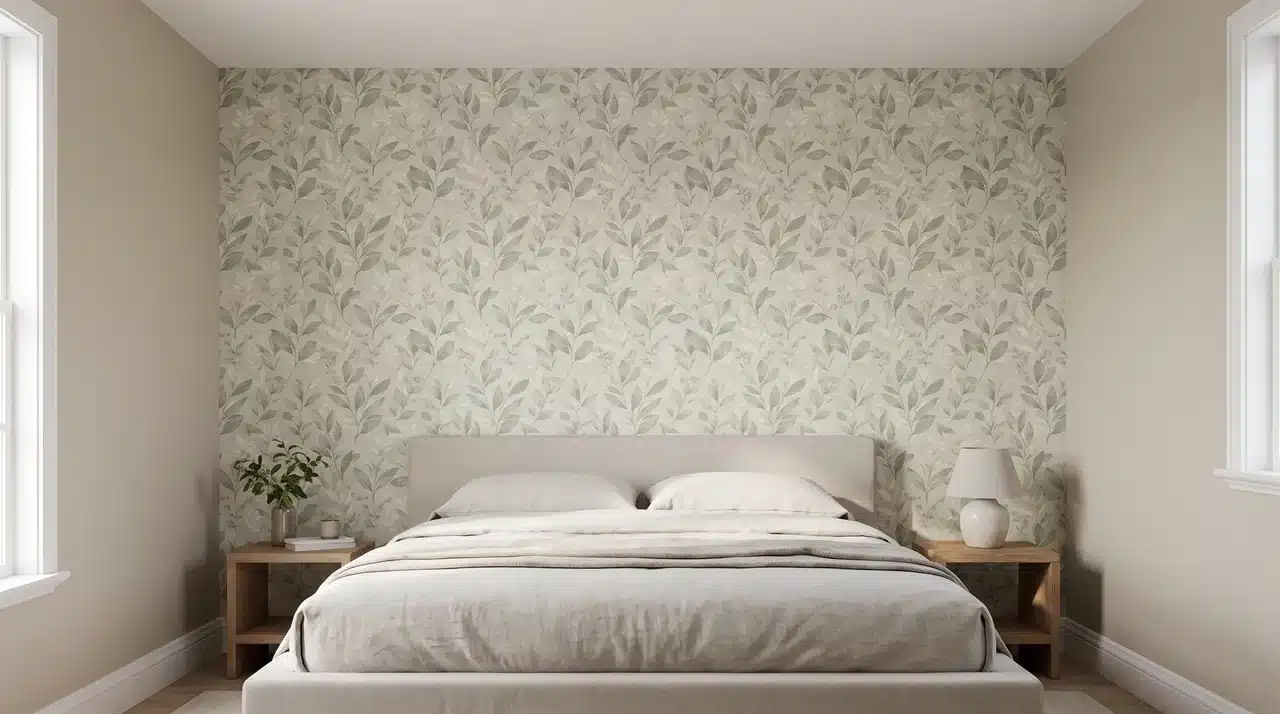 Bedroom feature wall finished with peel-and-stick botanical wallpaper and neutral surrounding walls