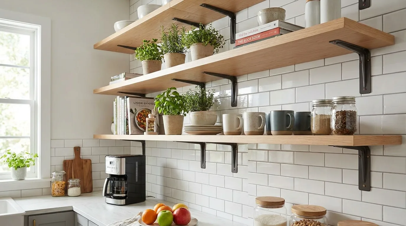 Open wooden kitchen shelves with mugs, jars, cookbooks, and herbs above a white subway tile backsplash.