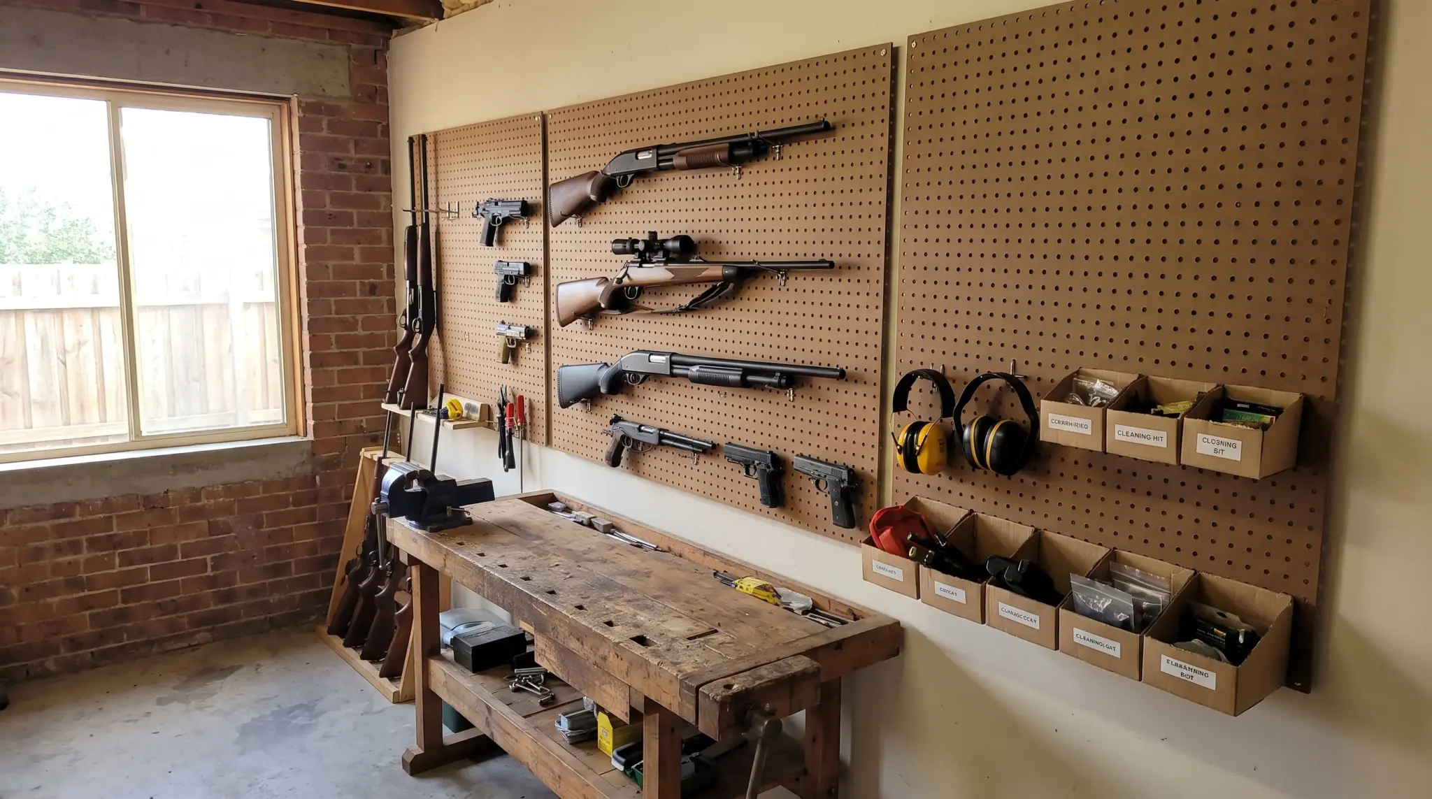 Budget-friendly gun room with pegboard wall mounts for organized firearm and accessory storage.