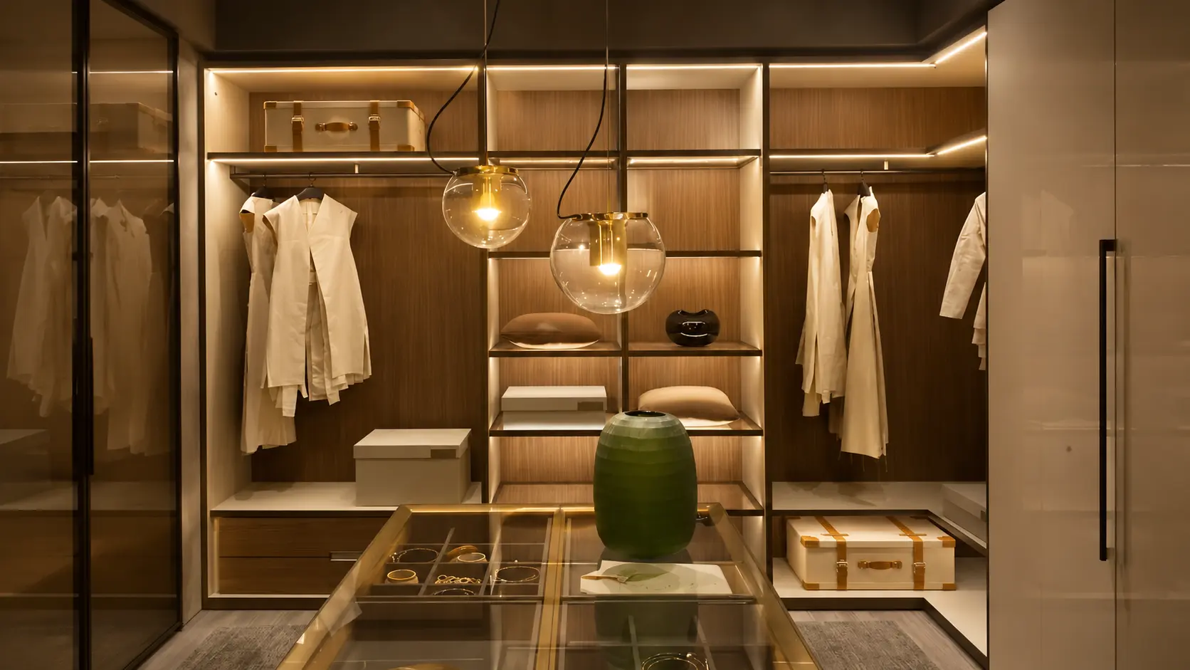Modern walk-in closet with warm wood shelving and glass island, highlighted by glowing pendant lights and soft ambient lighting