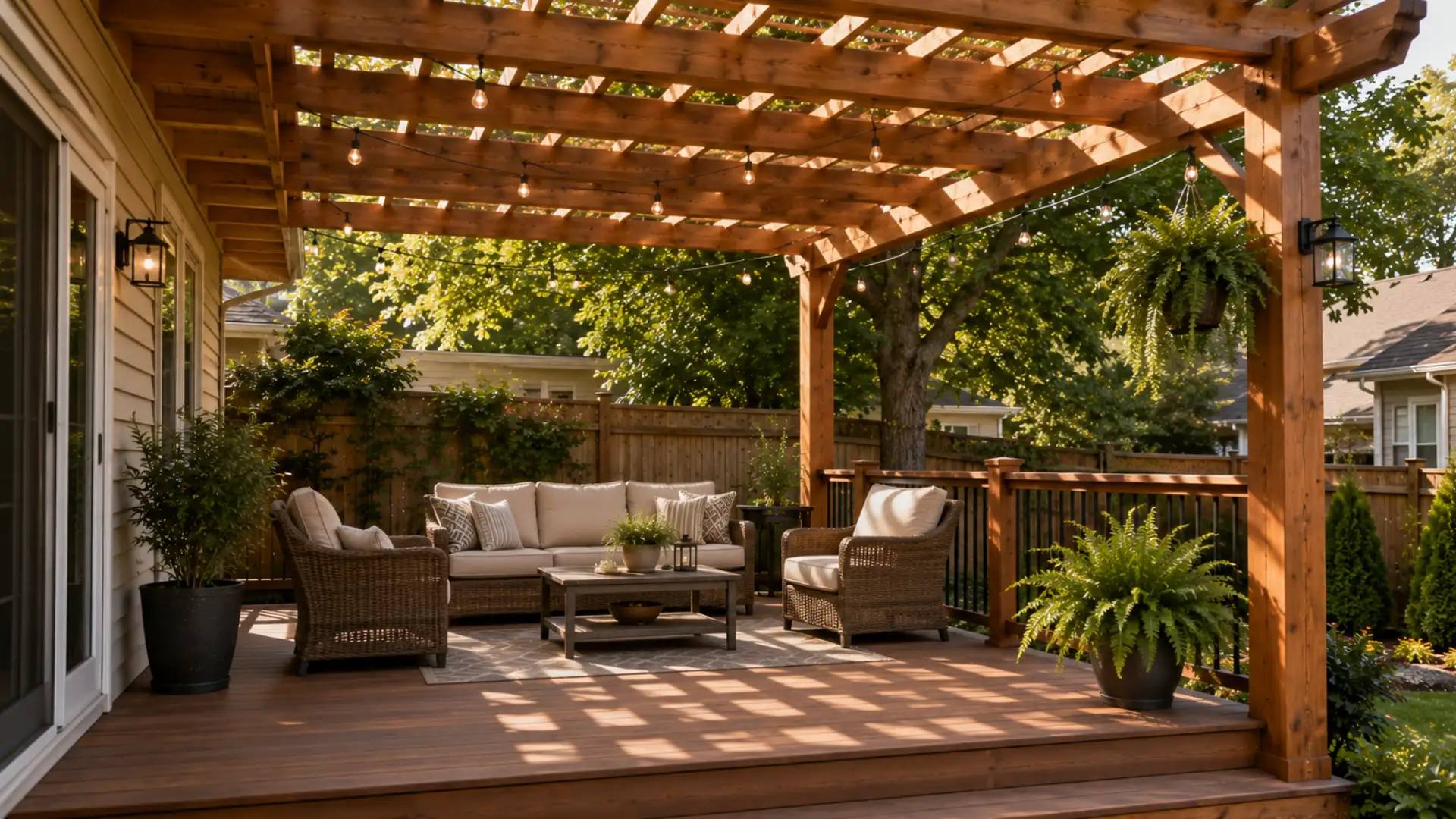 Pergola-topped deck with warm cedar overhead beams and string lights above a composite decking lounge area