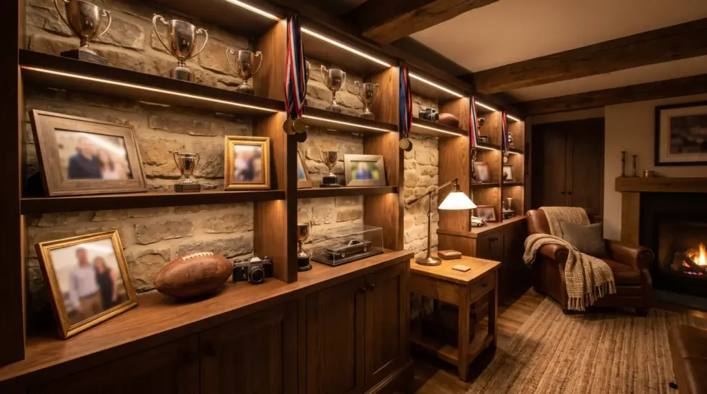 Achievement shelf displaying trophies and personal items in a customized man cave.