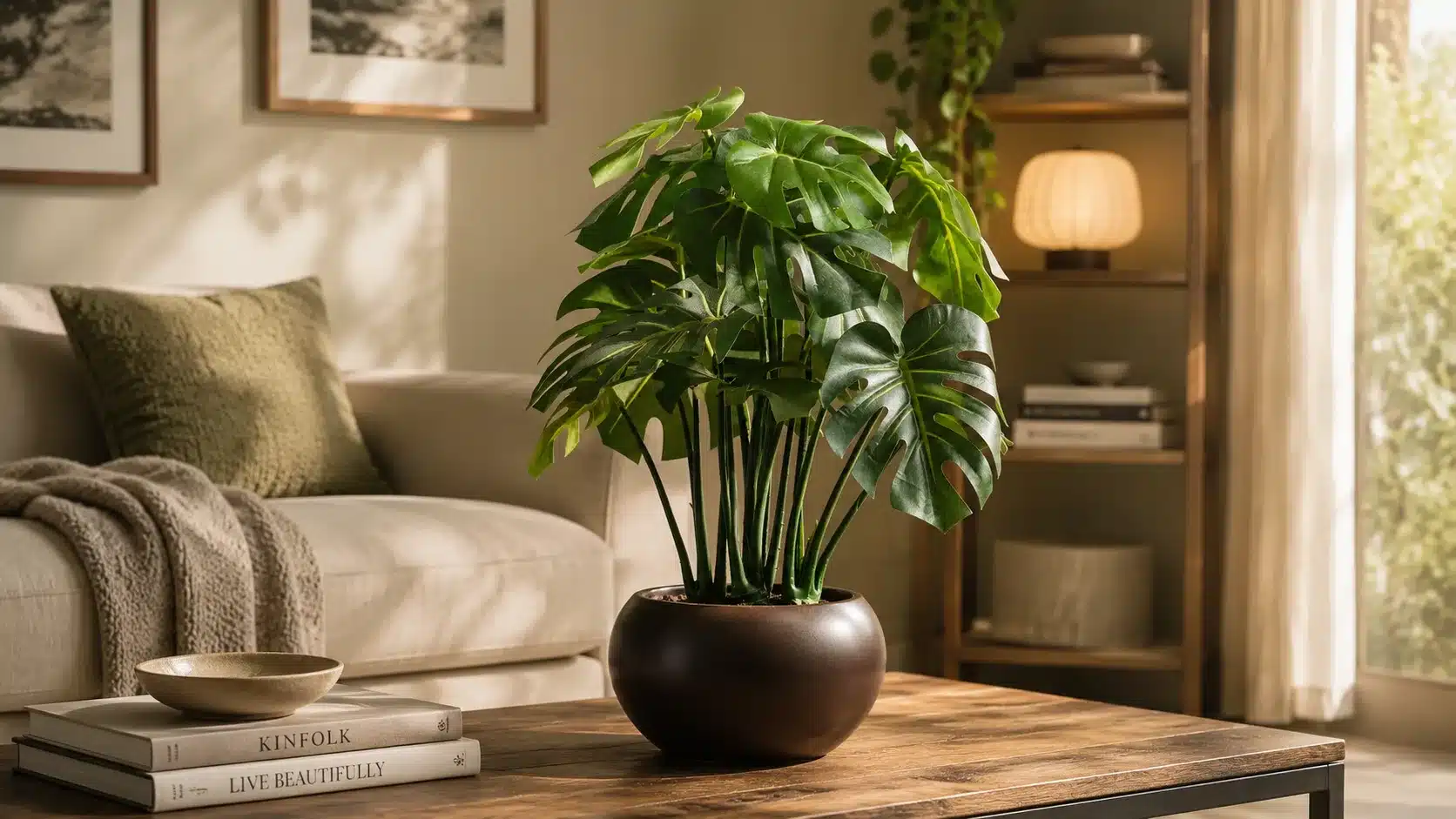 Philodendron with heart-shaped leaves in a dark round pot