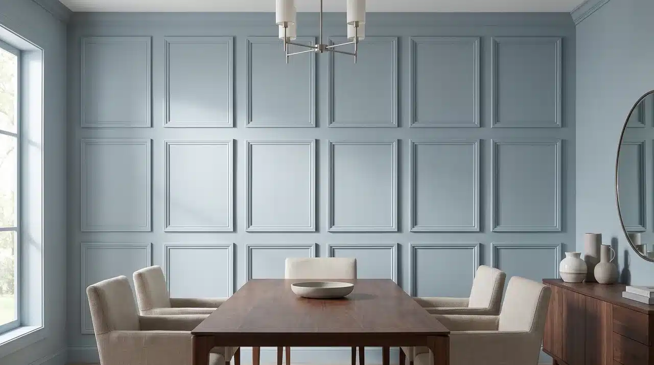 Dining room with a feature wall finished in painted picture frame moulding arranged in a symmetrical grid