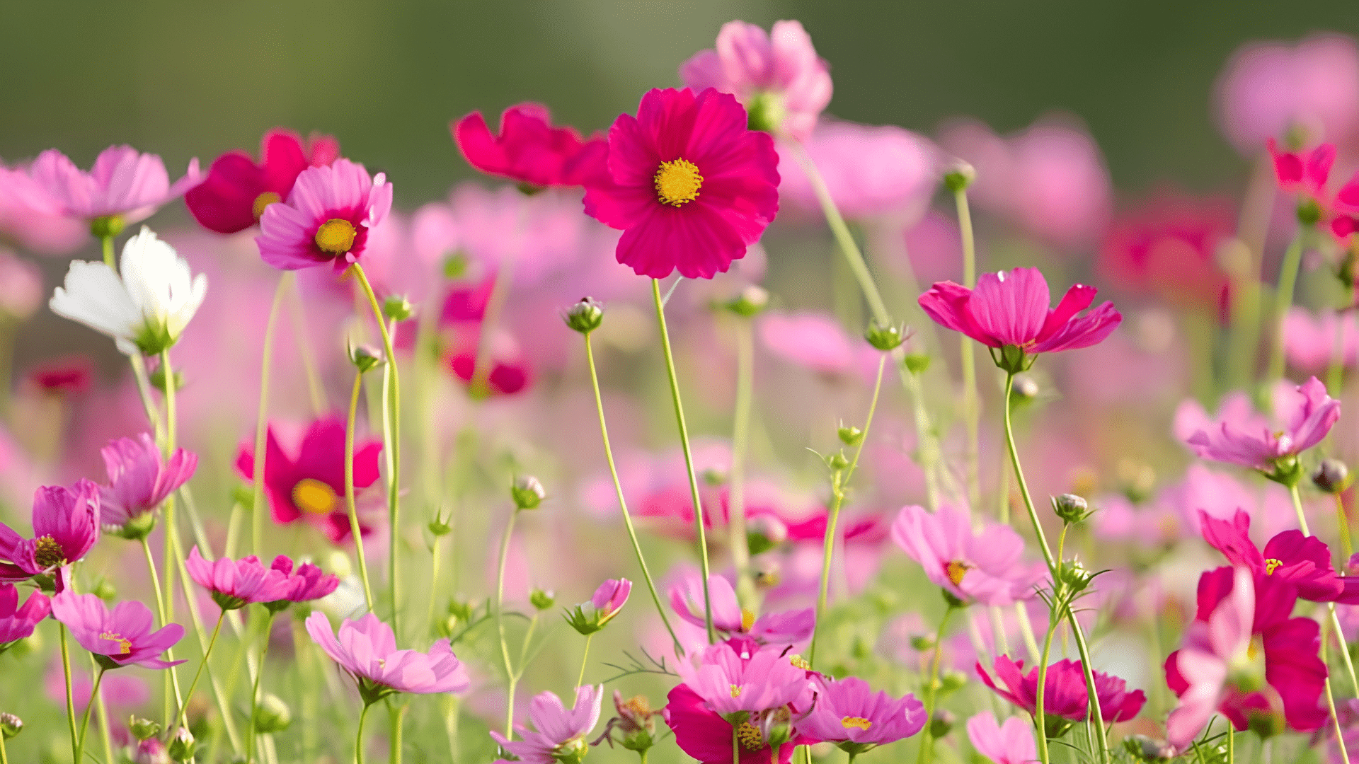 pink and magenta cosmos flowers blooming on slender stems in a sunny garden with soft green background and scattered flower buds