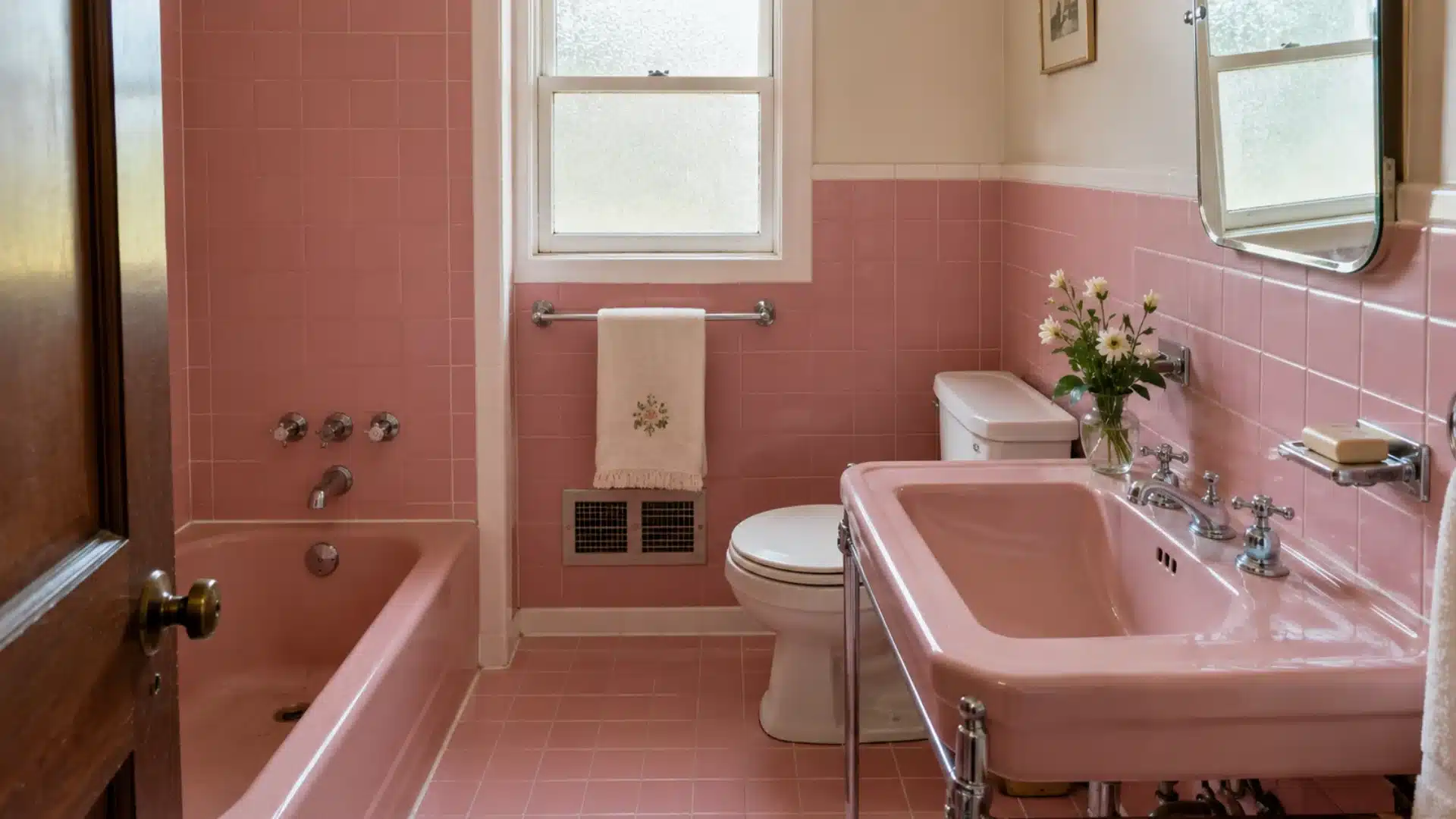 Retro pink bathroom tile with chrome fixtures in a 1950s mid century modern interior