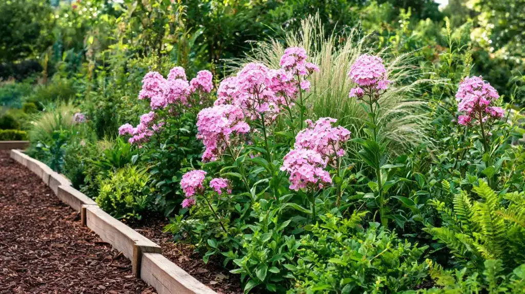 Do Perennials Come Back Every Year After Winter? Pink phlox flowers blooming in a lush perennial garden border with green foliage and mulch path