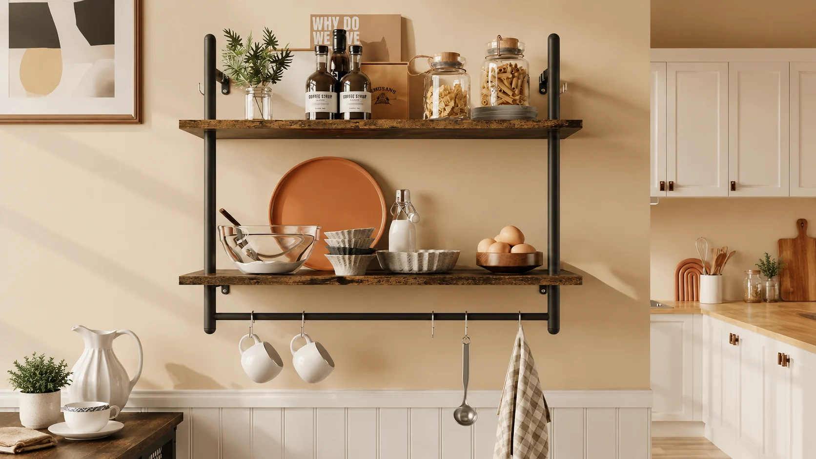 Rustic kitchen wall shelf with black metal frame, wooden shelves, mugs, jars, bowls, utensils, and warm neutral decor.